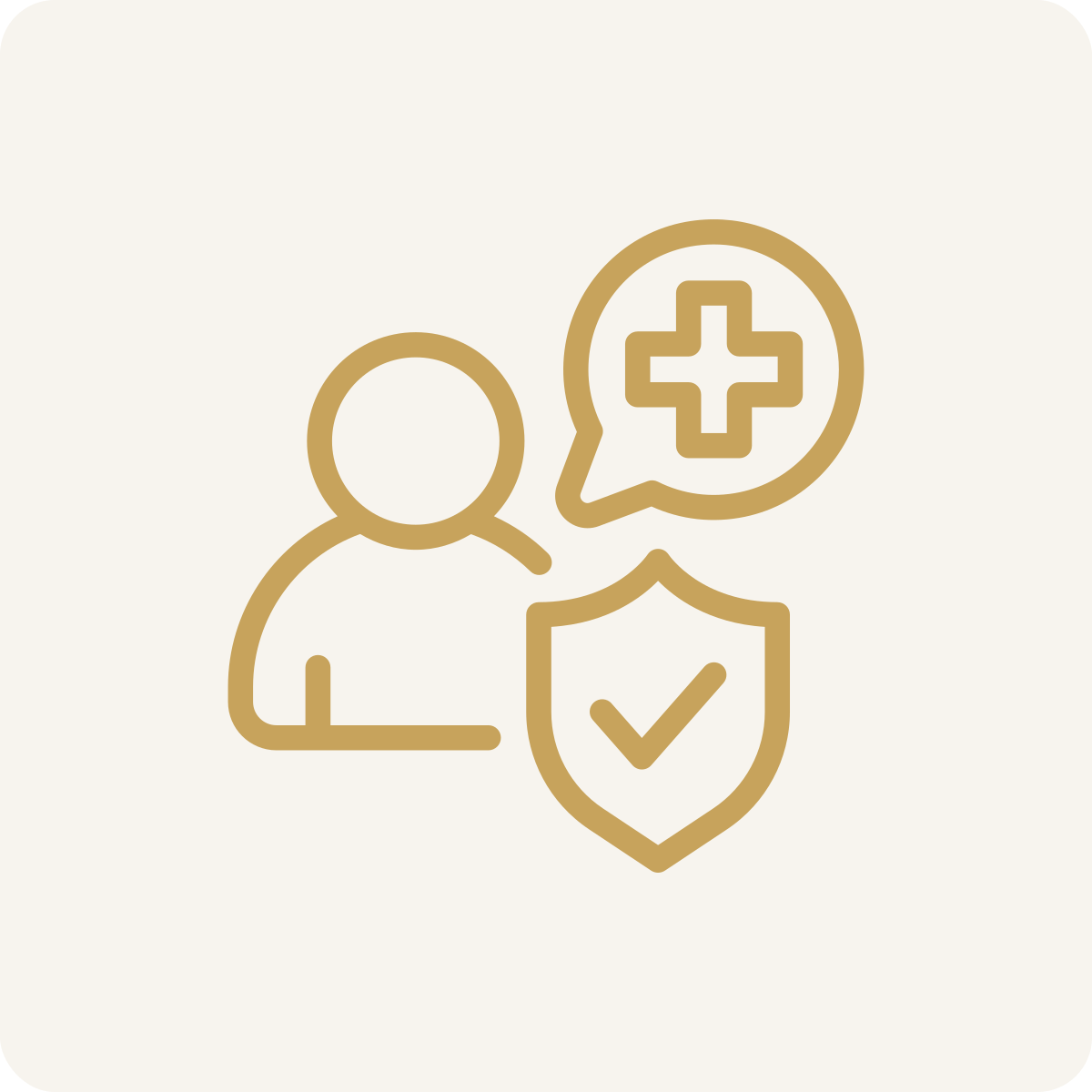 Outline of a person with a speech bubble containing a medical cross, and a shield with a check mark, representing healthcare or health protection.