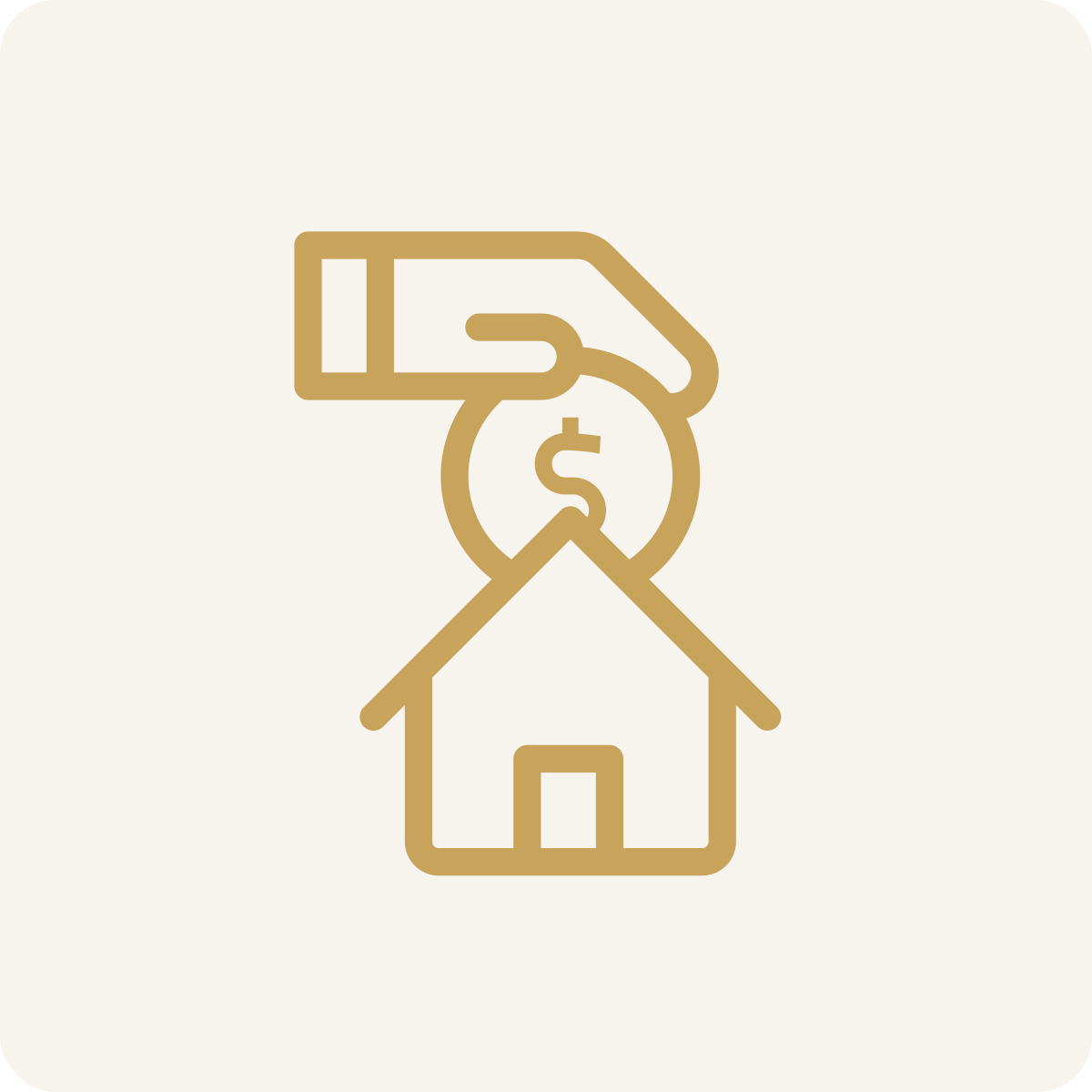 Outline of a house with a dollar sign coin above it, and a hand holding a dollar bill above the coin.