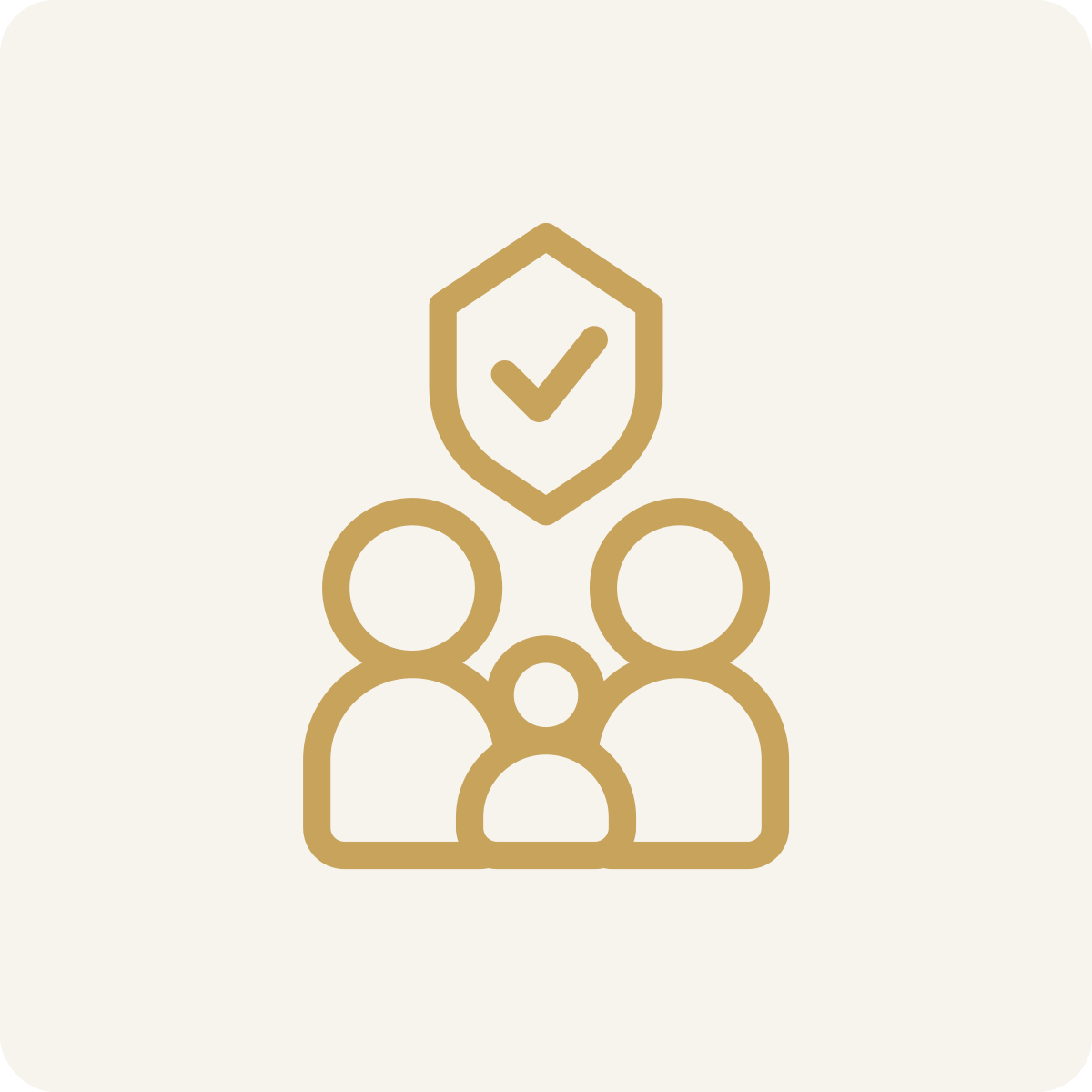 Outline of three people with a shield and checkmark above them.