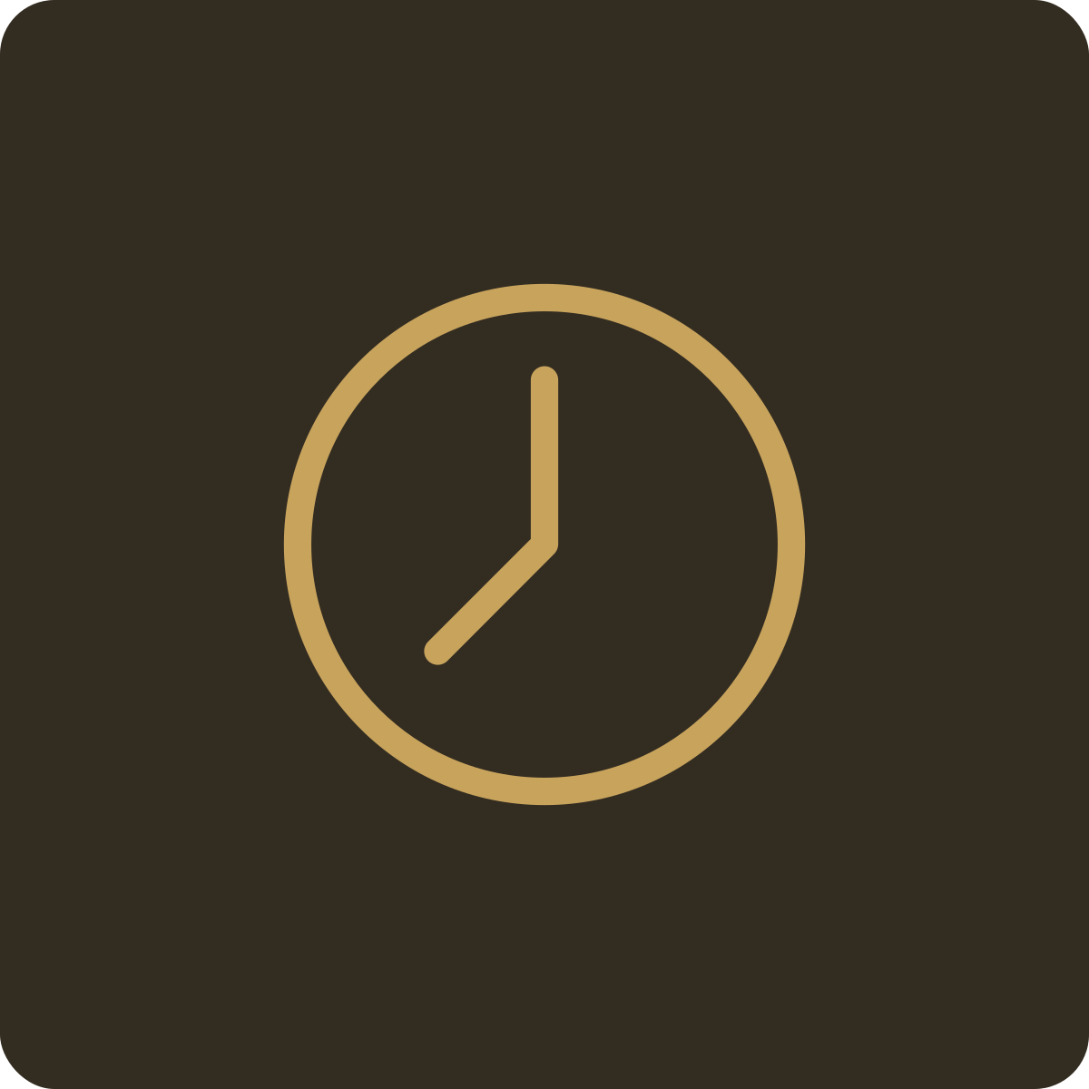 Simple icon of a clock with a gold outline on a dark background.