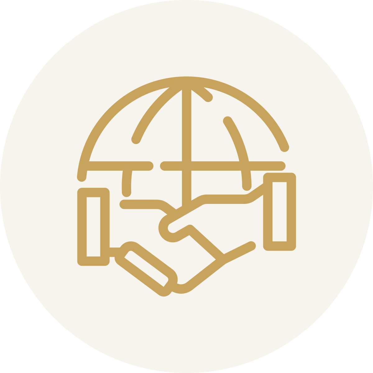 Icon of two hands shaking beneath an umbrella, symbolizing partnership or protection.