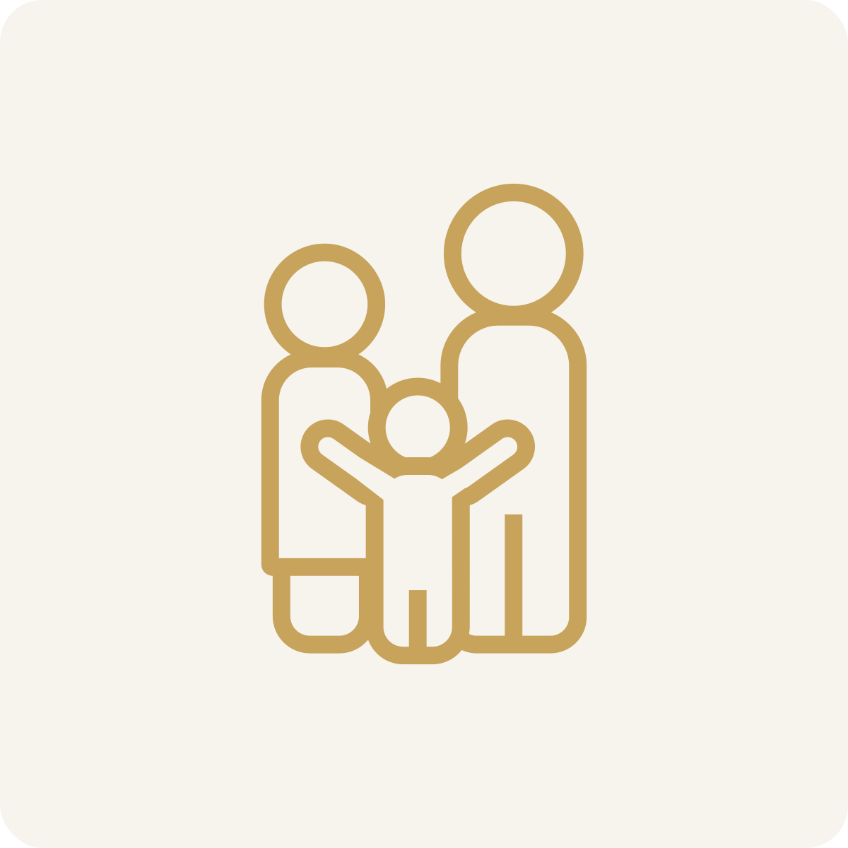 Outline drawing of a family of three, with two adults and one child, in gold on a light background.