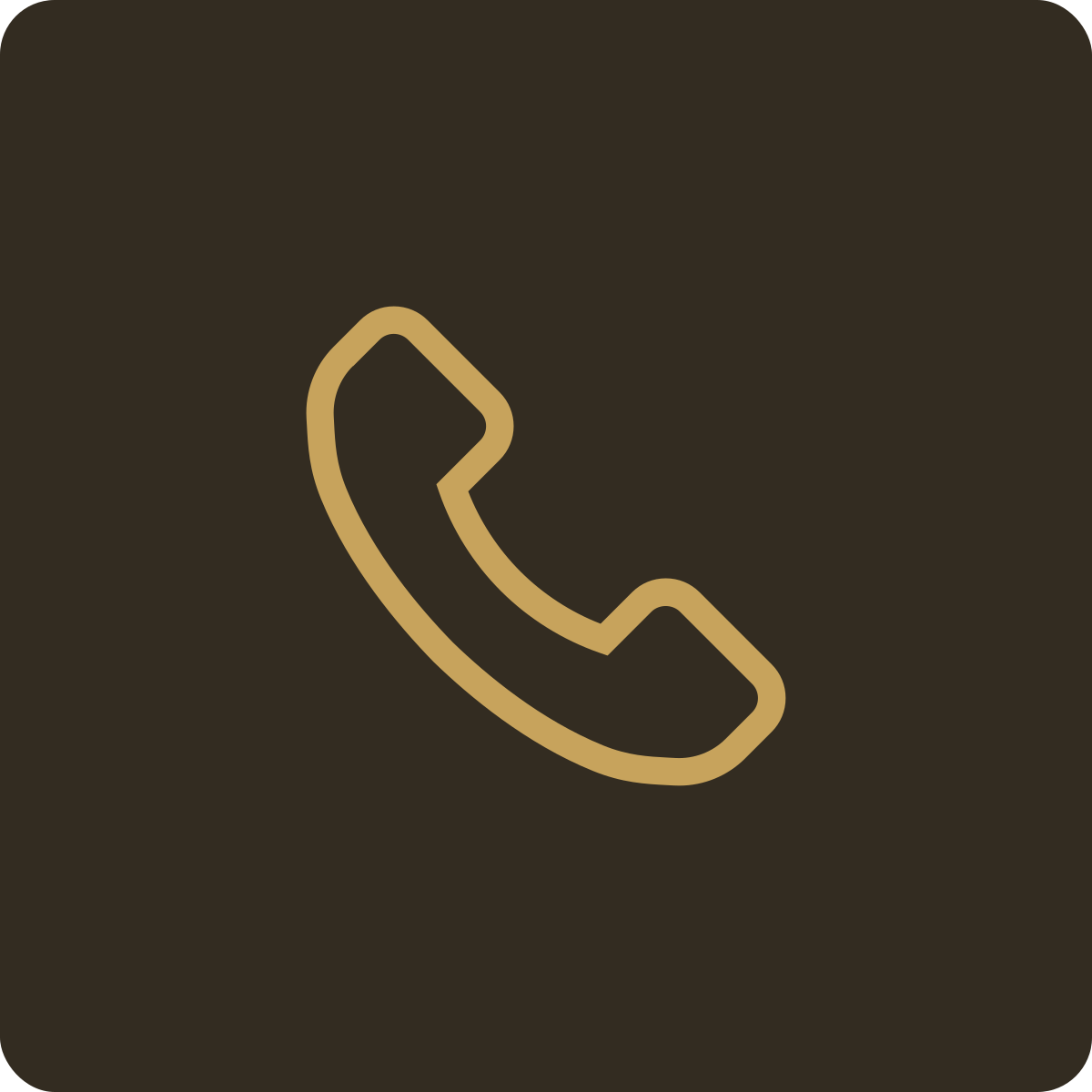 Icon of a phone handset in beige on a black background.