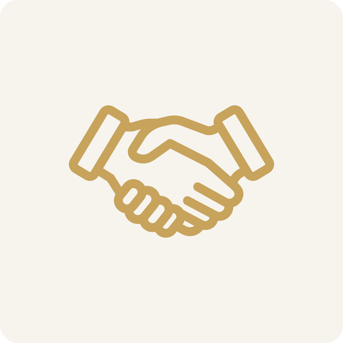 Outline drawing of two hands shaking, symbolizing agreement or partnership, in a gold color on a light background.
