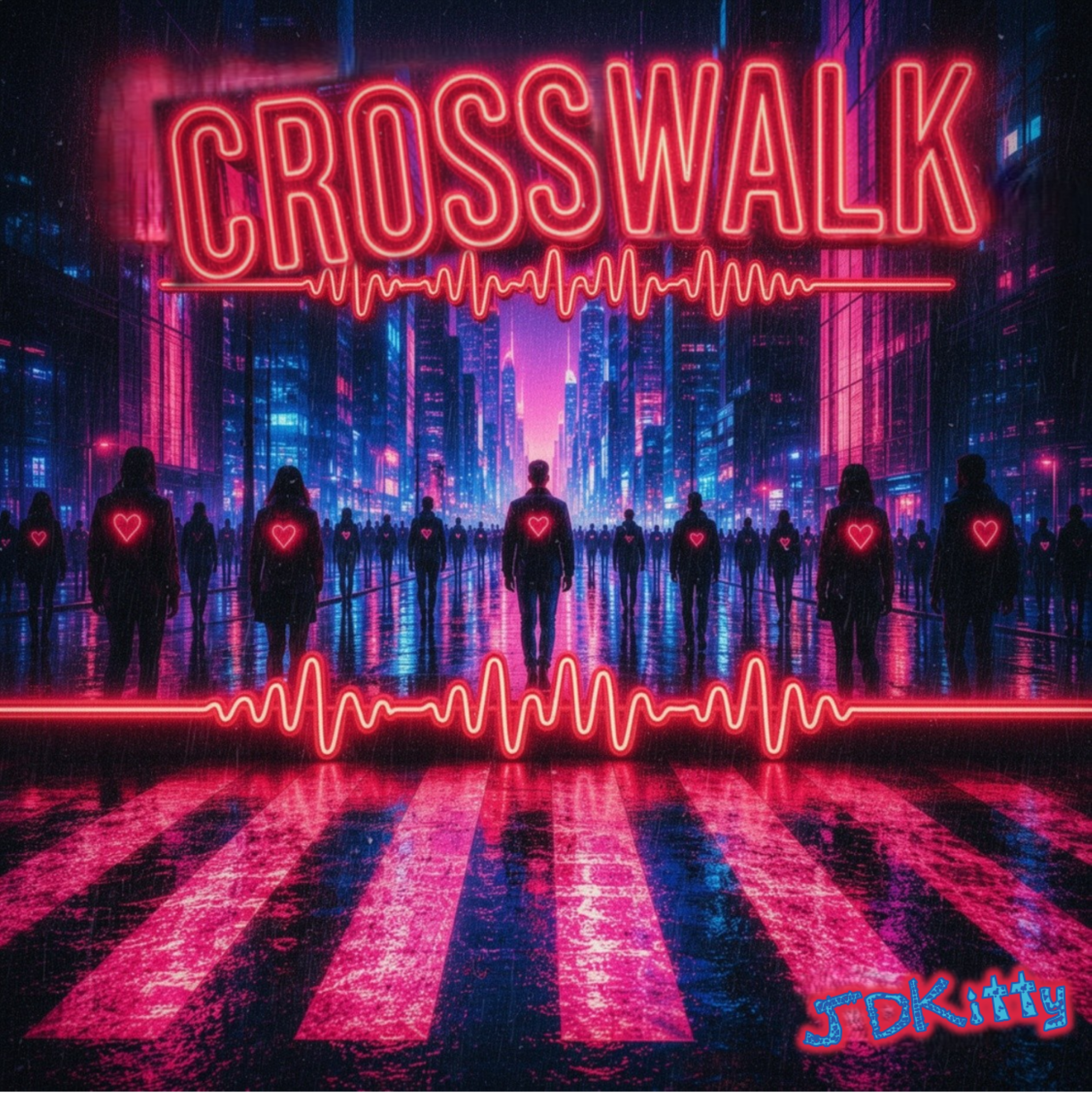 JDKitty album cover for 'CROSSWALK' with red heartbeat line, cityscape background, and silhouettes of people with illuminated hearts on their backs, night scene