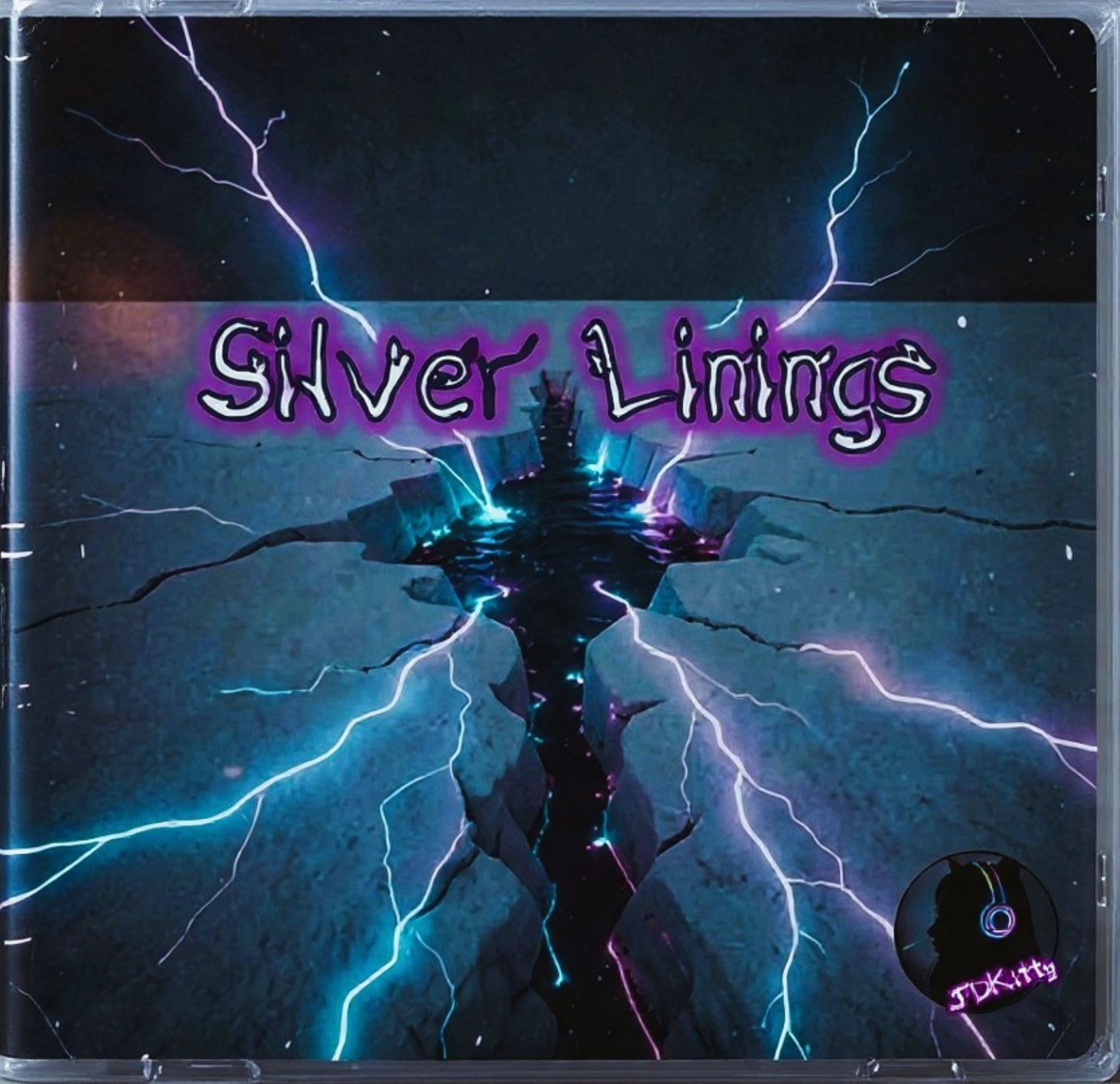 A CD case with a cover featuring a dark background and blue and purple lightning bolts, with the text 'Silver Linings' in purple and black handwritten-style font in the center.