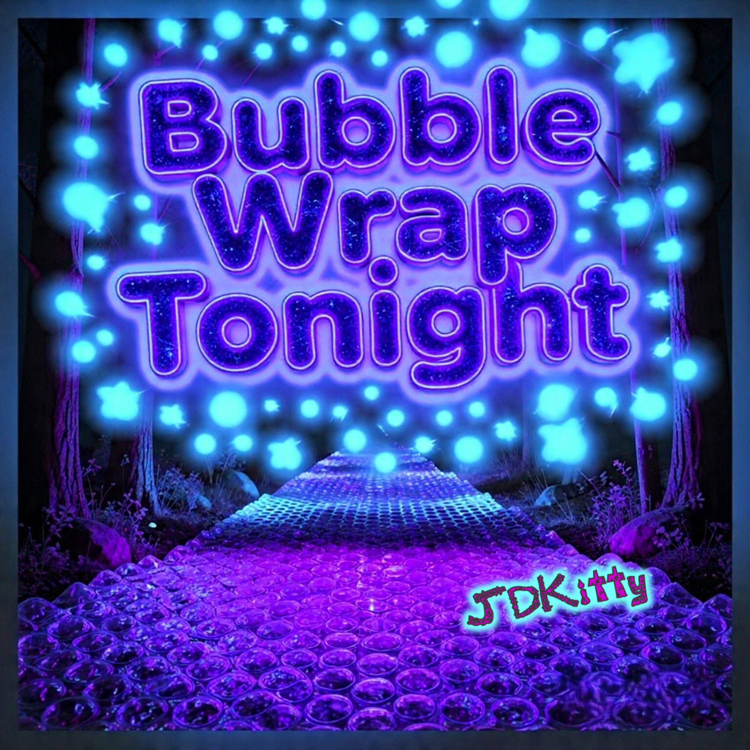 JDKitty album cover for "Bubble Wrap Tonight" which features a neon bubble wrap path, and the title of the song surrounded by blue glowing bubbles.