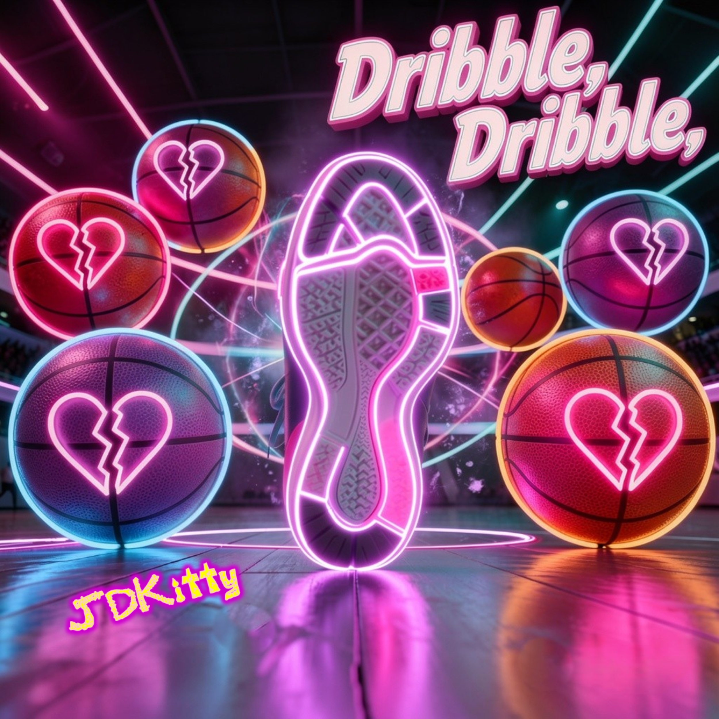 Neon sign with the words 'Dribble, Dribble, Dribble' in pink and white cursive letters, accompanied by neon basketballs with broken heart symbols, in a vibrant, colorful setting.