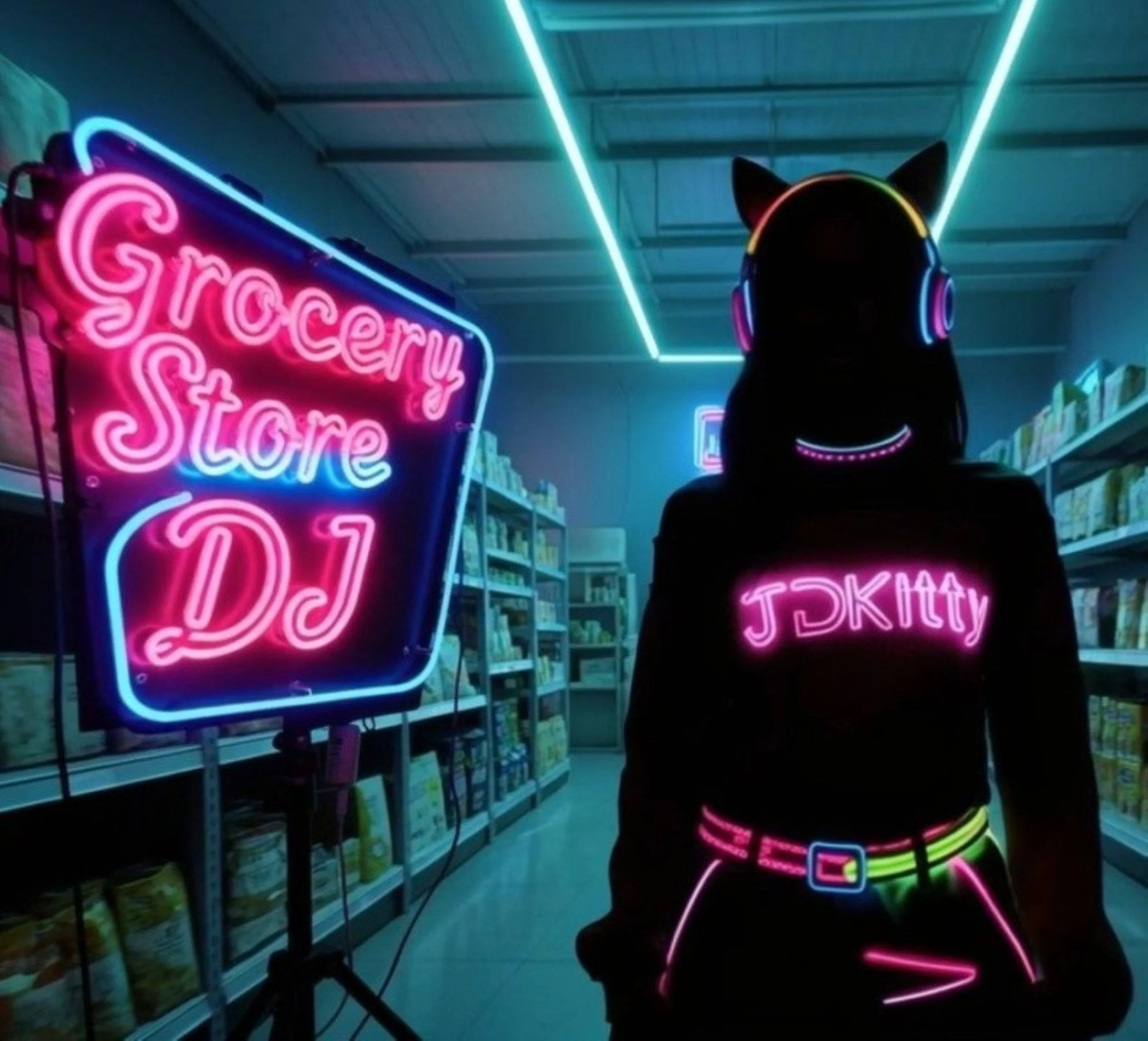 JDKitty wearing neon glowing headphones and a neon glowing outfit, standing in a store aisle with shelves of products, illuminated by neon lights. Neon signs reading 'Grocery Store' are visible.