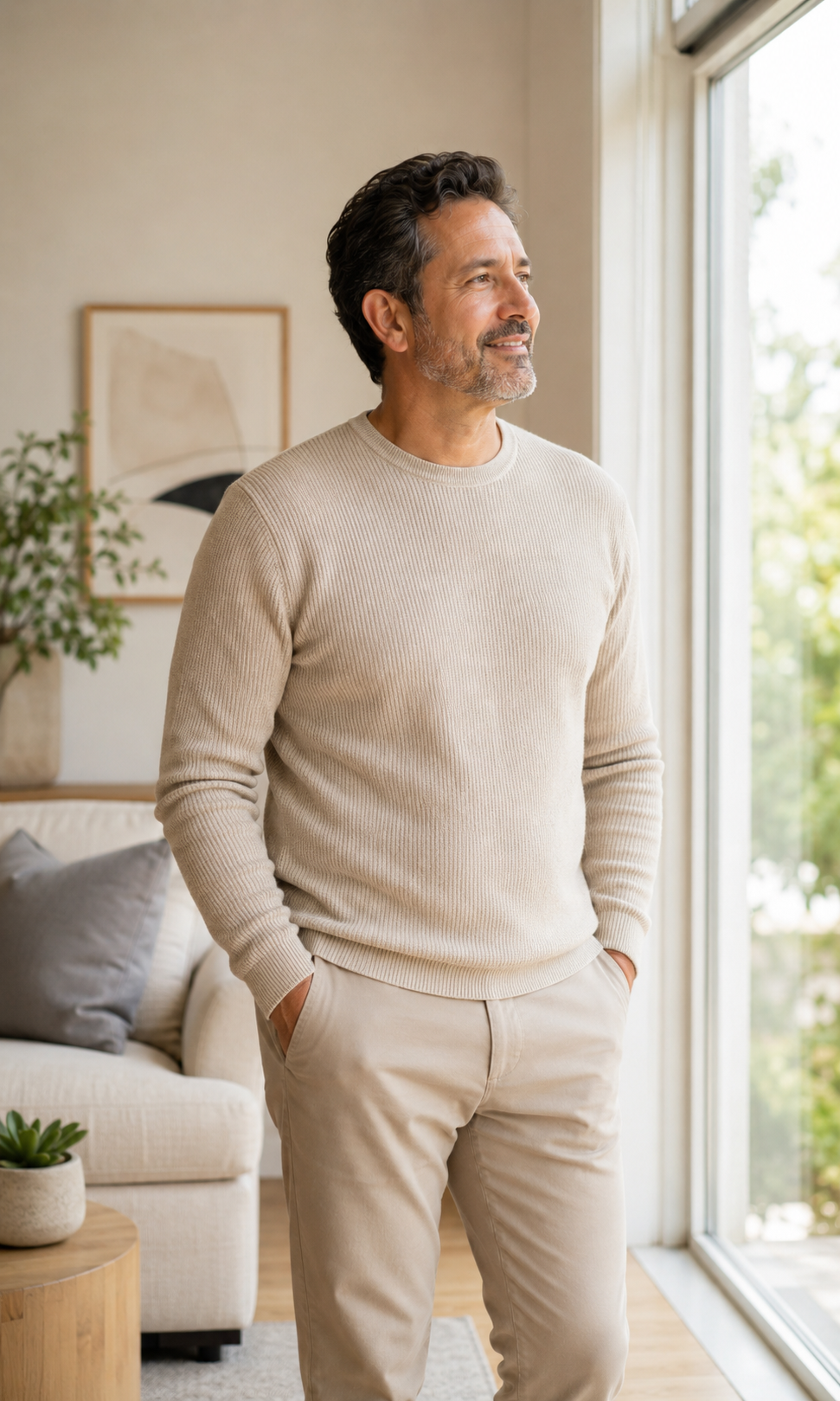A middle-aged man with dark hair and a beard stands by a window, looking outside with a smile, wearing a beige sweater and matching pants in a well-lit, modern living room with plants and abstract artwork.