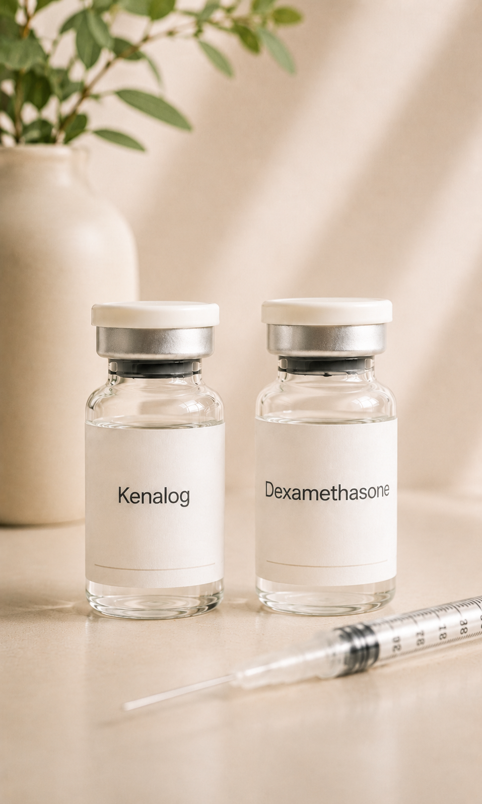 Two small glass vials labeled 'Kenalog' and 'Dexamethasone' on a beige surface, with a syringe nearby and a potted plant in the background.