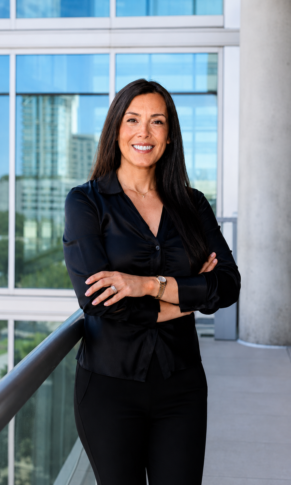 A professional woman with long dark hair, wearing a black shirt and black pants, standing with arms crossed in front of a modern office building with glass windows.