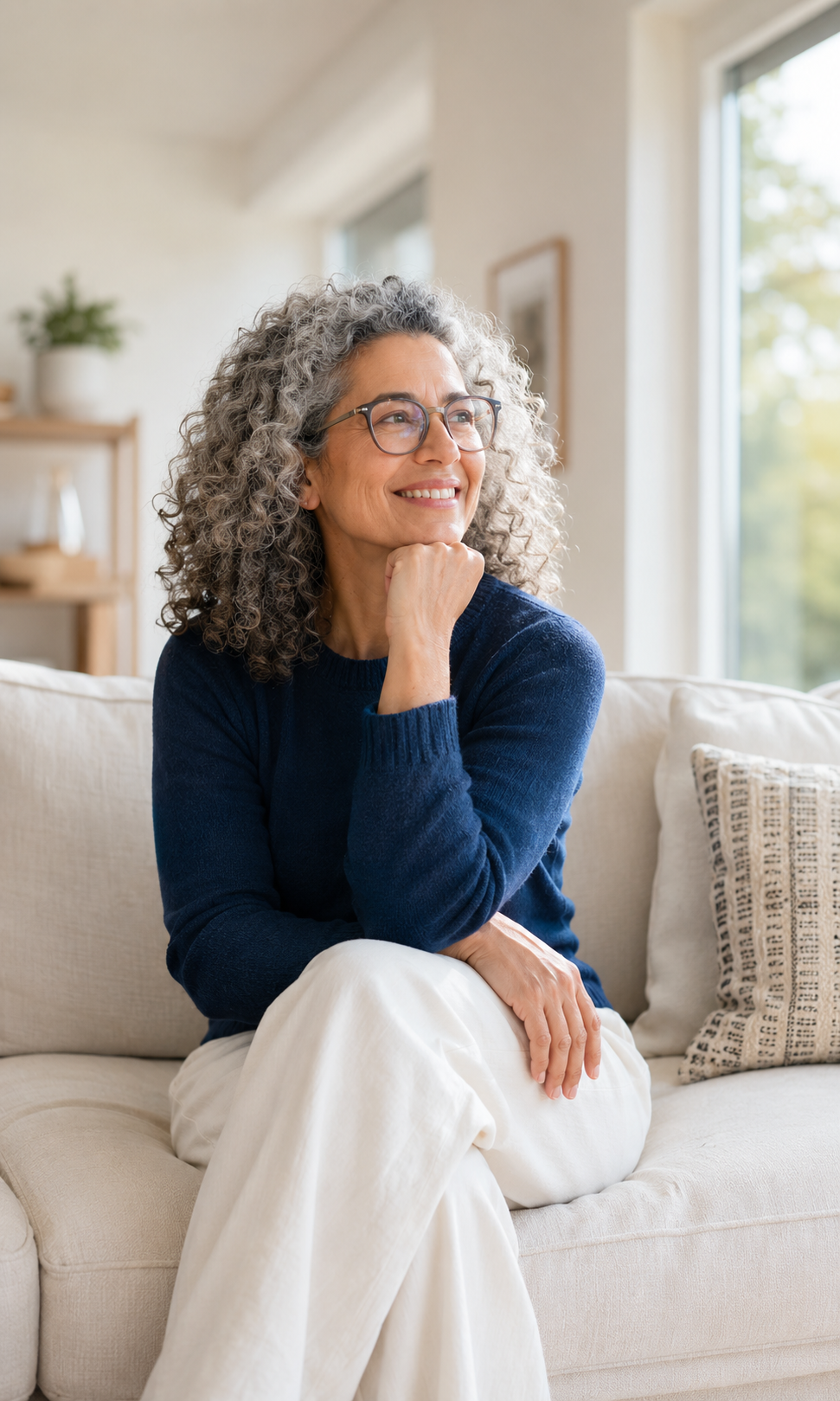 A woman with curly gray hair and glasses sitting on a beige sofa, smiling and looking out of a window in a bright living room.