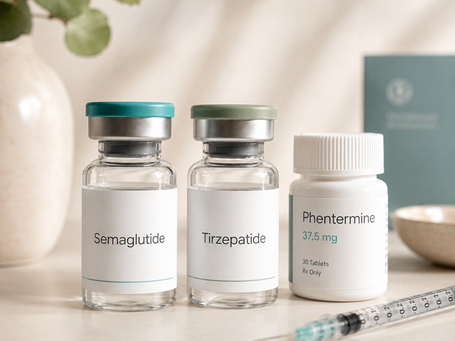 Medication bottles labeled Semaglutide, Tirzepatide, and Phentermine on a light-colored surface, with a syringe and a vase in the background.