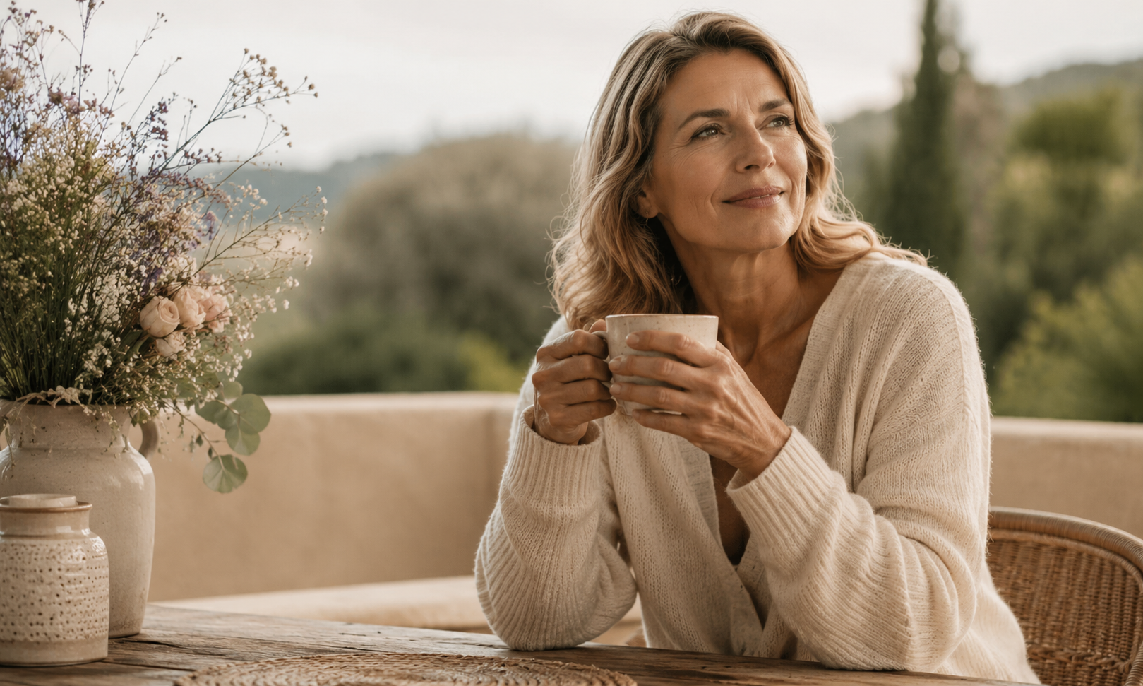A woman in a beige sweater holding a mug, sitting at a table with a large flower arrangement, outdoors with green trees in the background.