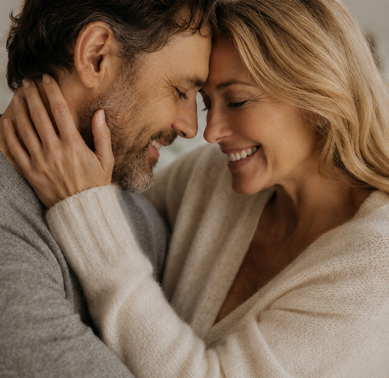 A middle-aged man and woman smiling, touching foreheads, with their eyes closed, showing affection.