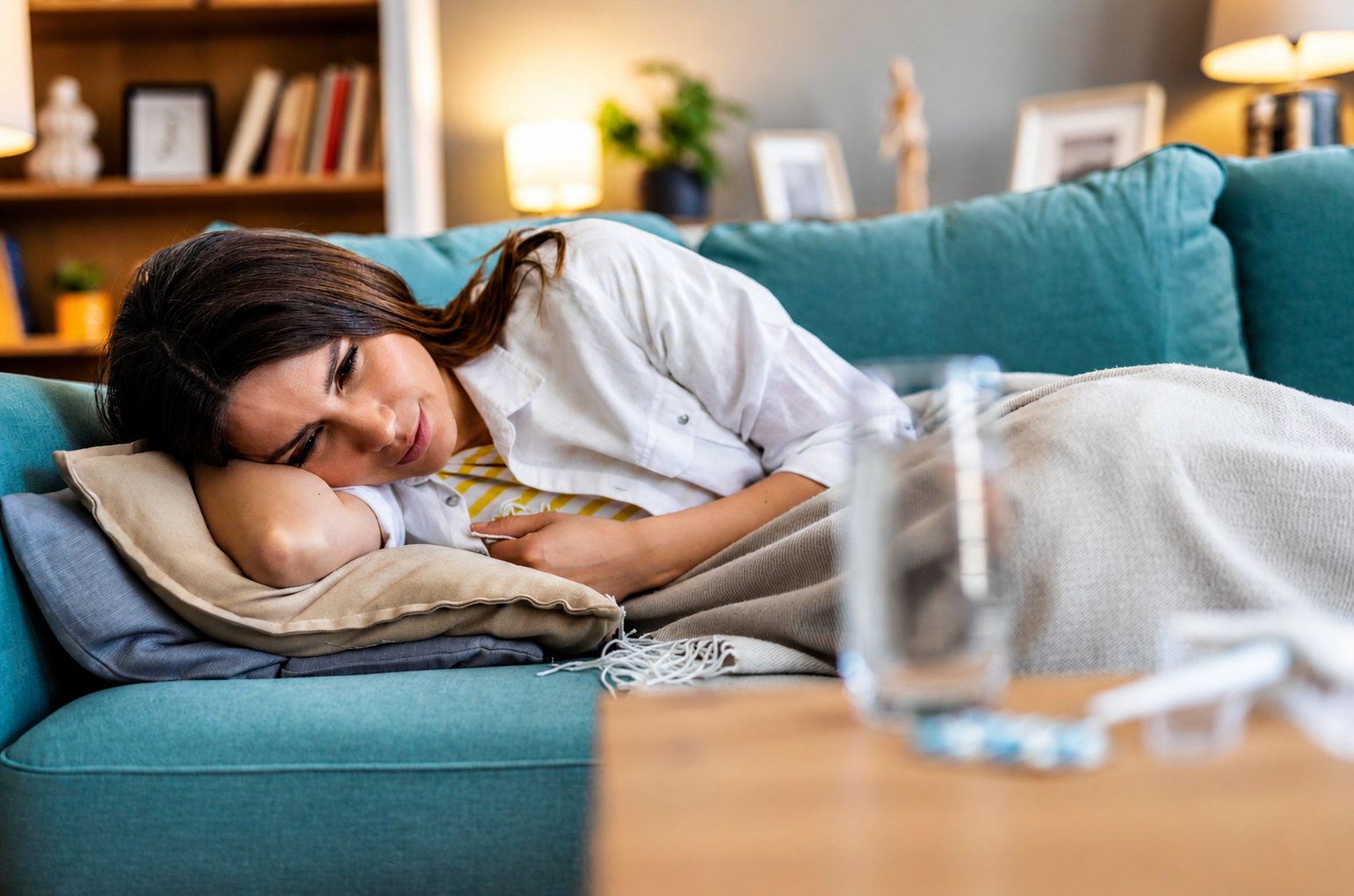 A woman lying on a sofa with a pillow, looking unwell, with a glass of water and a tissue on a table in front of her.