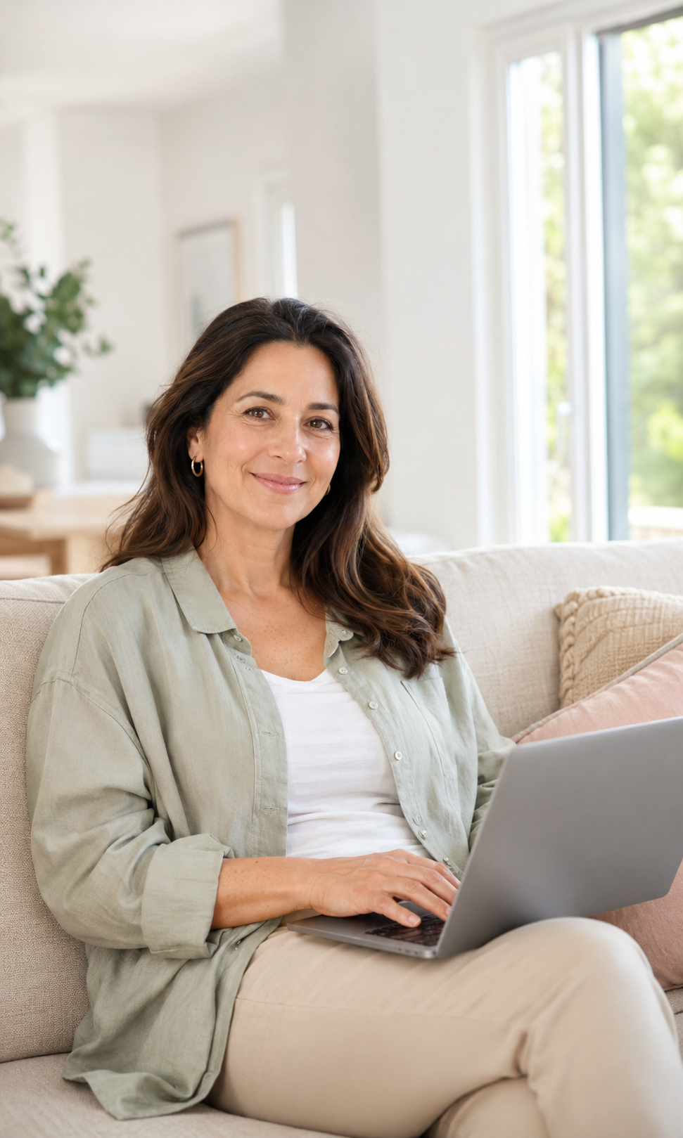A woman sitting on a beige sofa, working on a laptop in a well-lit living room with large windows and green outdoor scenery.