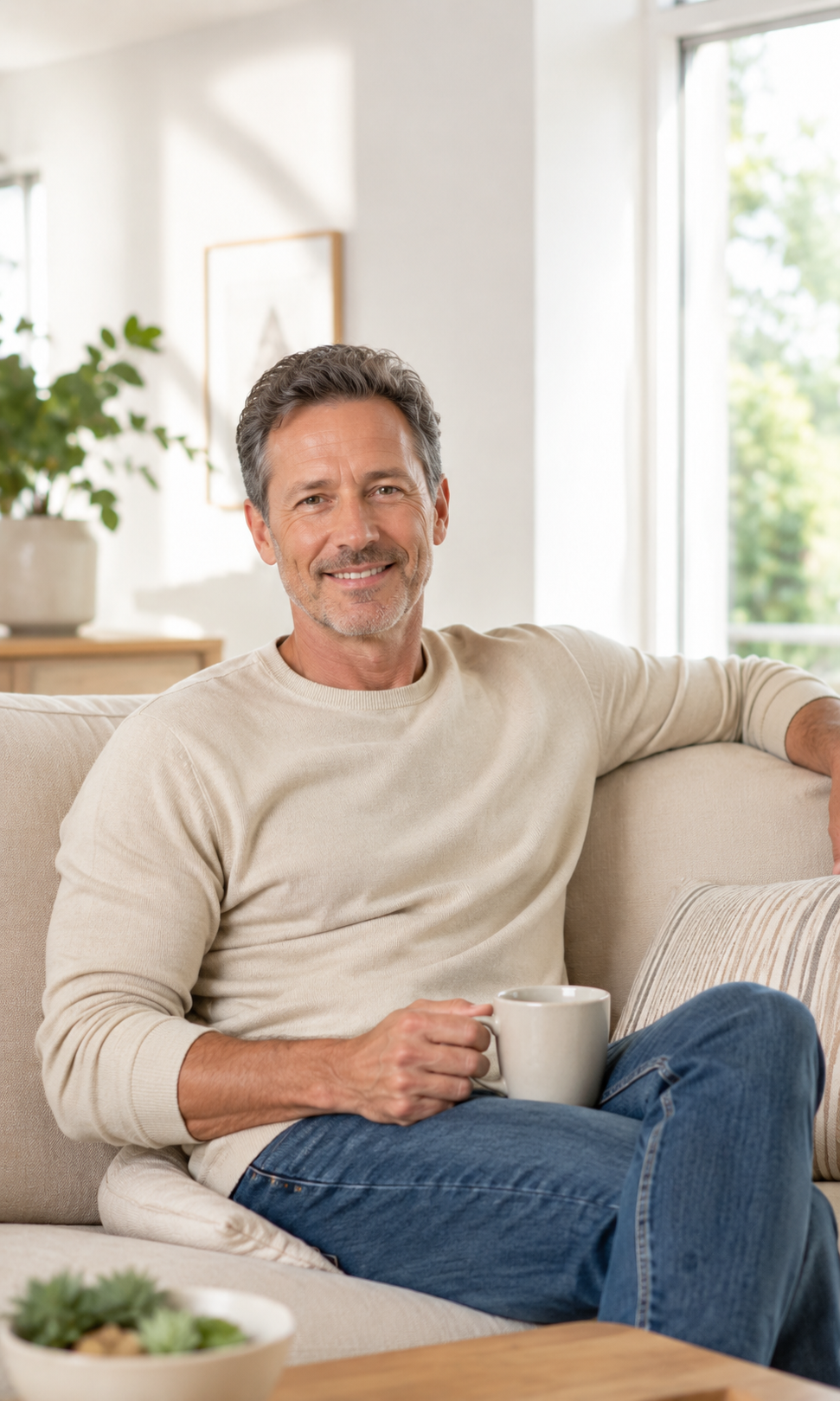 A middle-aged man with gray hair and beard, wearing a beige sweater and blue jeans, sitting on a cream-colored sofa in a bright living room. He is smiling and holding a white coffee mug, with a window and a potted plant in the background.