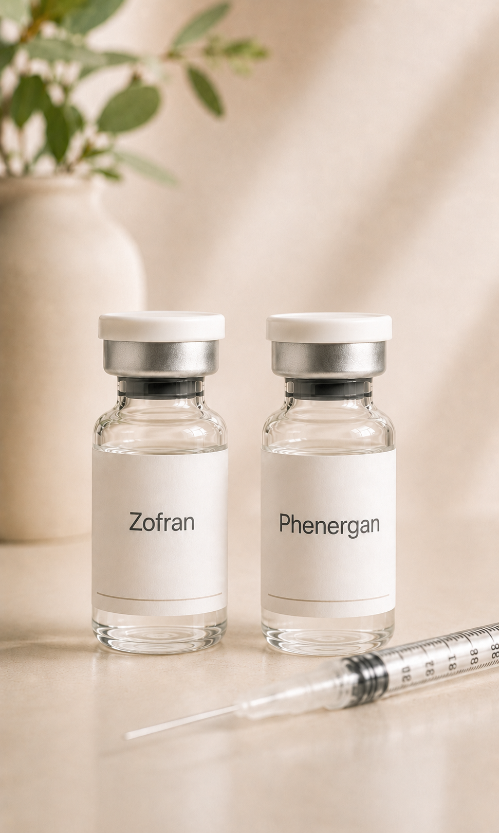 Two small glass vials labeled 'Zofran' and 'Phenergan' on a beige surface with a syringe in front and a blurred plant in the background.