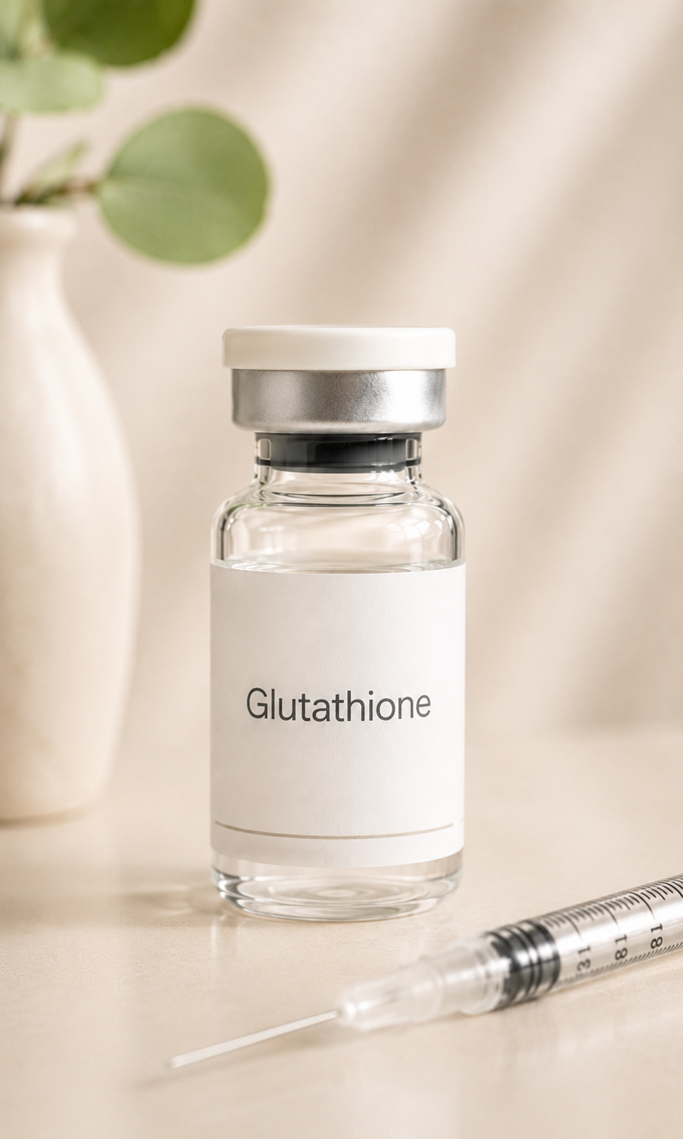 A small glass vial labeled 'Glutathione' with a white cap, next to a syringe, placed on a light surface, with a blurred potted plant in the background.
