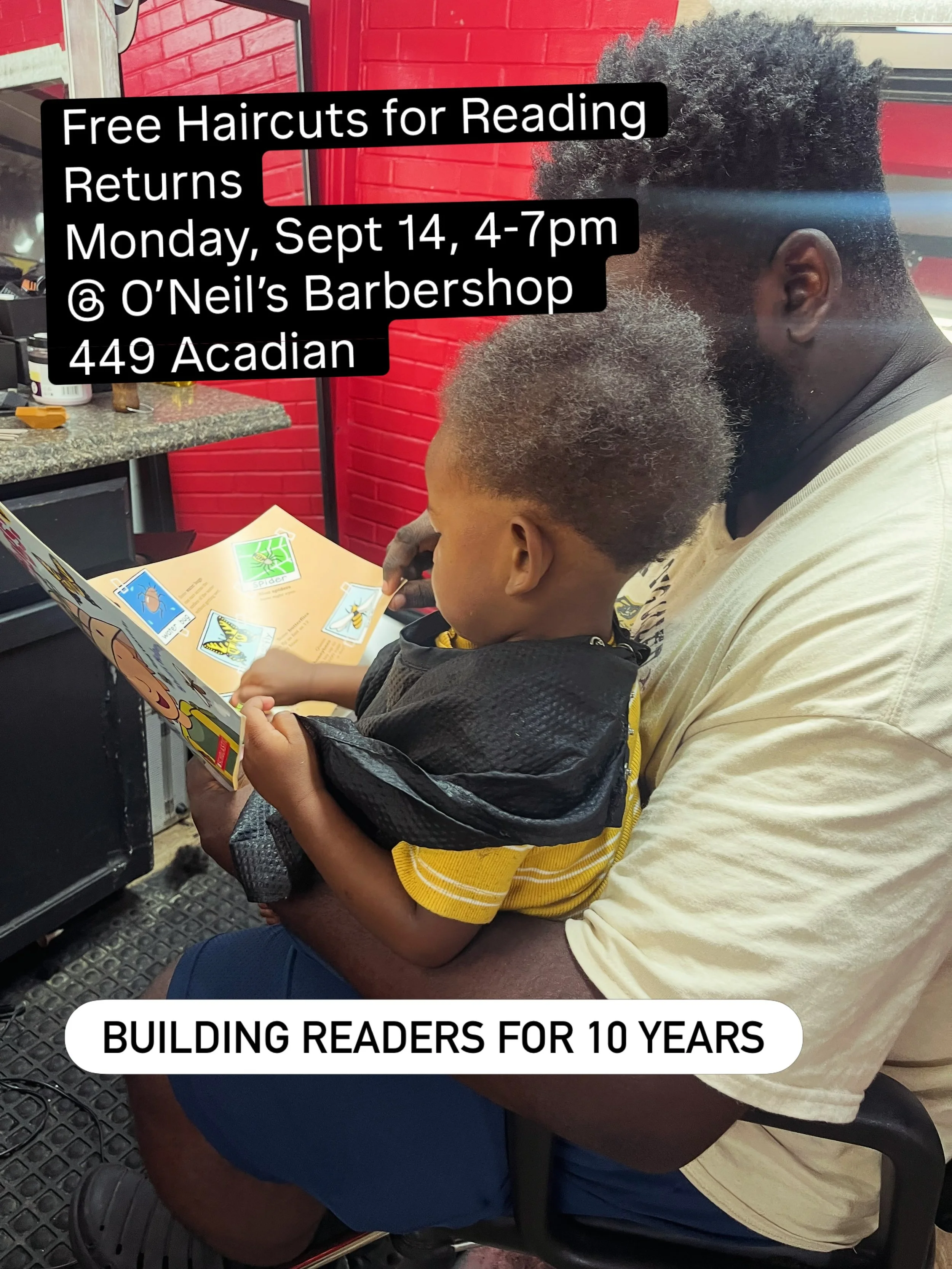 It&rsquo;s that time of year&hellip;.. Free Haircuts for Reading returns Monday September 14, 4-7pm. Join @oneilsbarbershop and @line4linebr team for a fresh cut, free books, and lots of fun supported learning. For kids 4-16 @ 449 Acadian! mark your 
