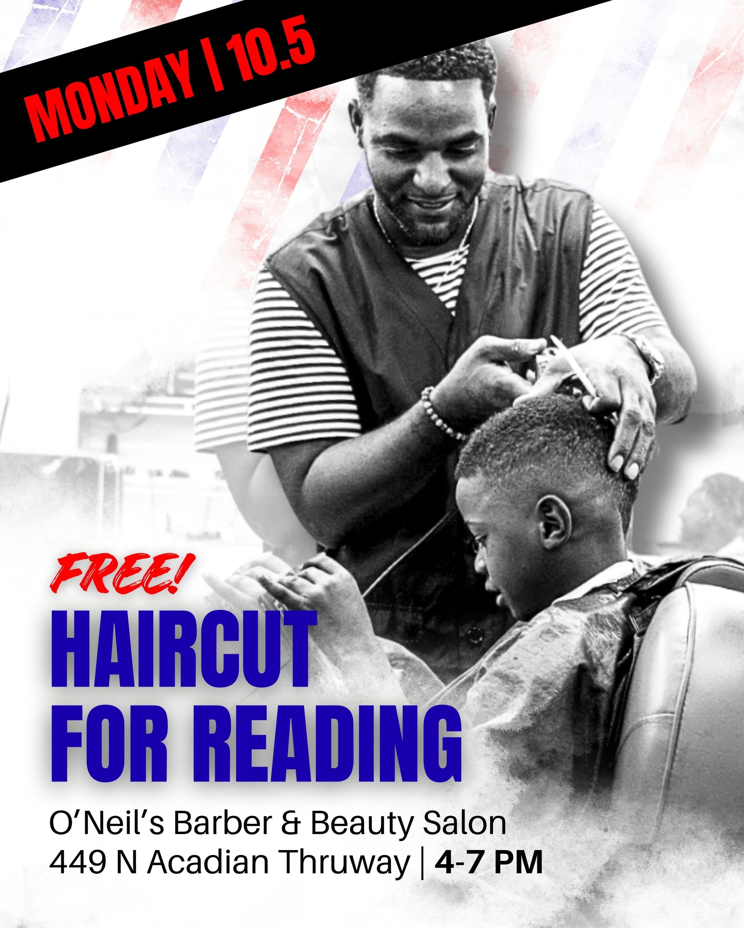 This Monday October 5, from 4-7pm; @oneilsbarbershop join the talented team of barbers for a free haircut just for reading. Open to ages 3-16, siblings invited to attend, books provided, or bring a book, we even have reading helpers, to engage even t