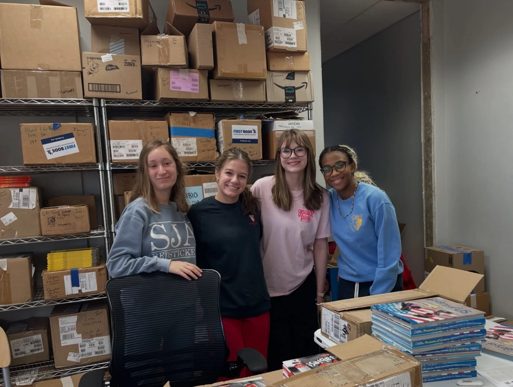 Did you know that Line4Line operates with the support of volunteers who donate their time, expertise and extra set of hands to help us fulfill our mission. Today students from St. Joseph&rsquo;s helped Ms. Tammy to label and sort books which we then 