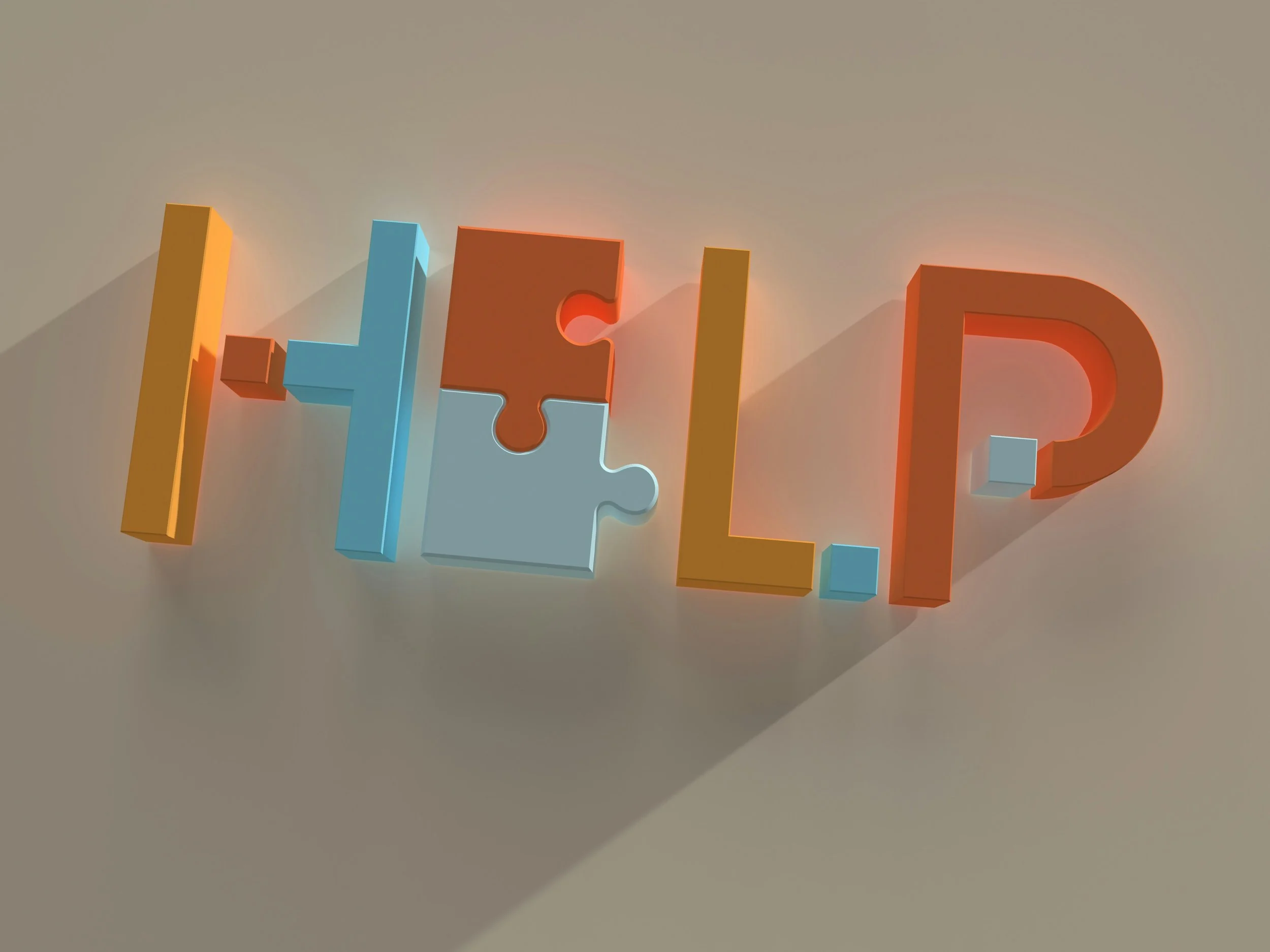 Colorful 3D letters spelling 'HELP' casting shadows on a light-colored wall. Private nurse advocates help clients navigate the healthcare system.