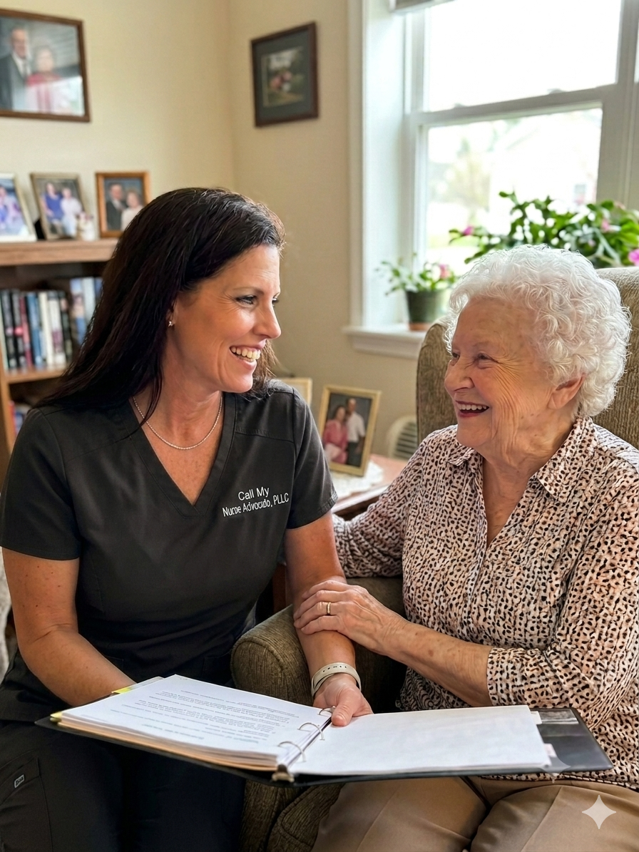 Sharon Gibson RN, Board-Certified Patient Advocate, BCPA, private RN patient advocate, sitting with a smiling female solo ager senior citizen who is holding her hand. Sharon is visiting the client at her Del Webb home in Wake Forest, NC.
