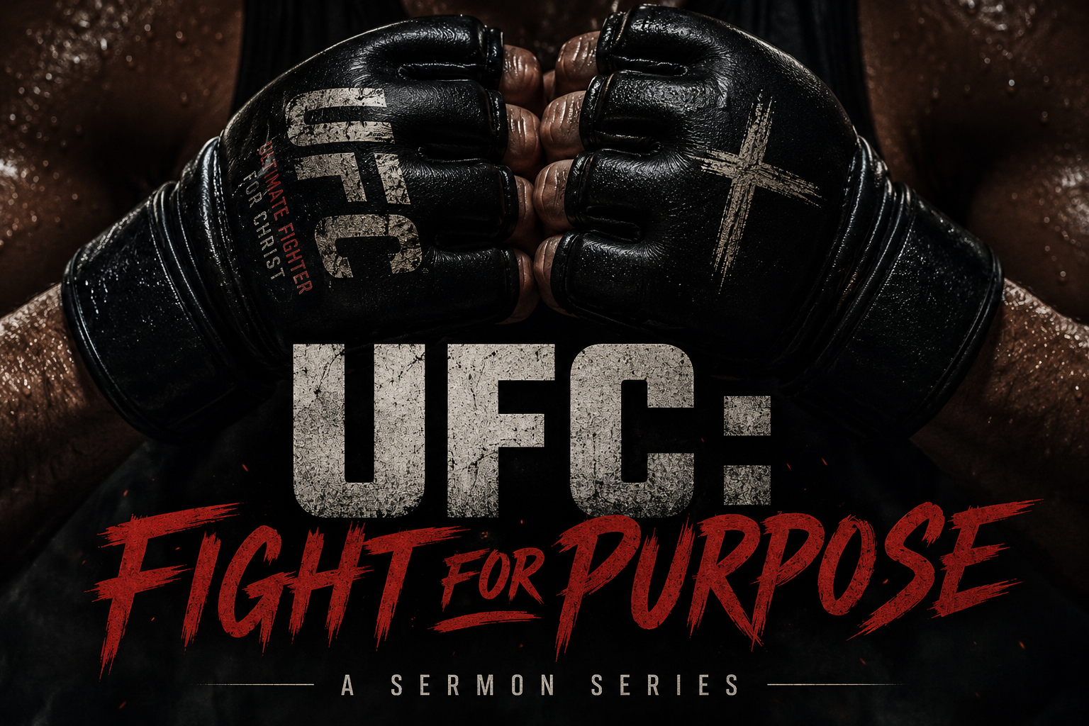 Two MMA fighters with gloved fists pressed together, wearing black gloves with red and white text, and a black shirt with a distressed design. The text on the image reads 'UFC Fight for Purpose' with a subtitle 'A Sermon Series'.