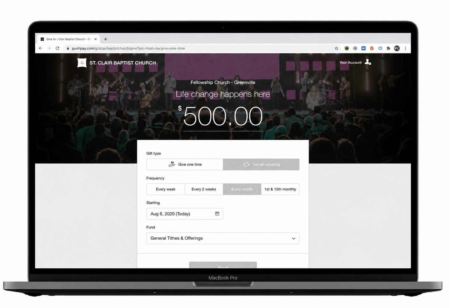 Screenshot of a computer screen with a donation page for St. Clair Baptist Church, showing a background image of a church service, the church's name, amount of $500, donation options, and scheduling details.