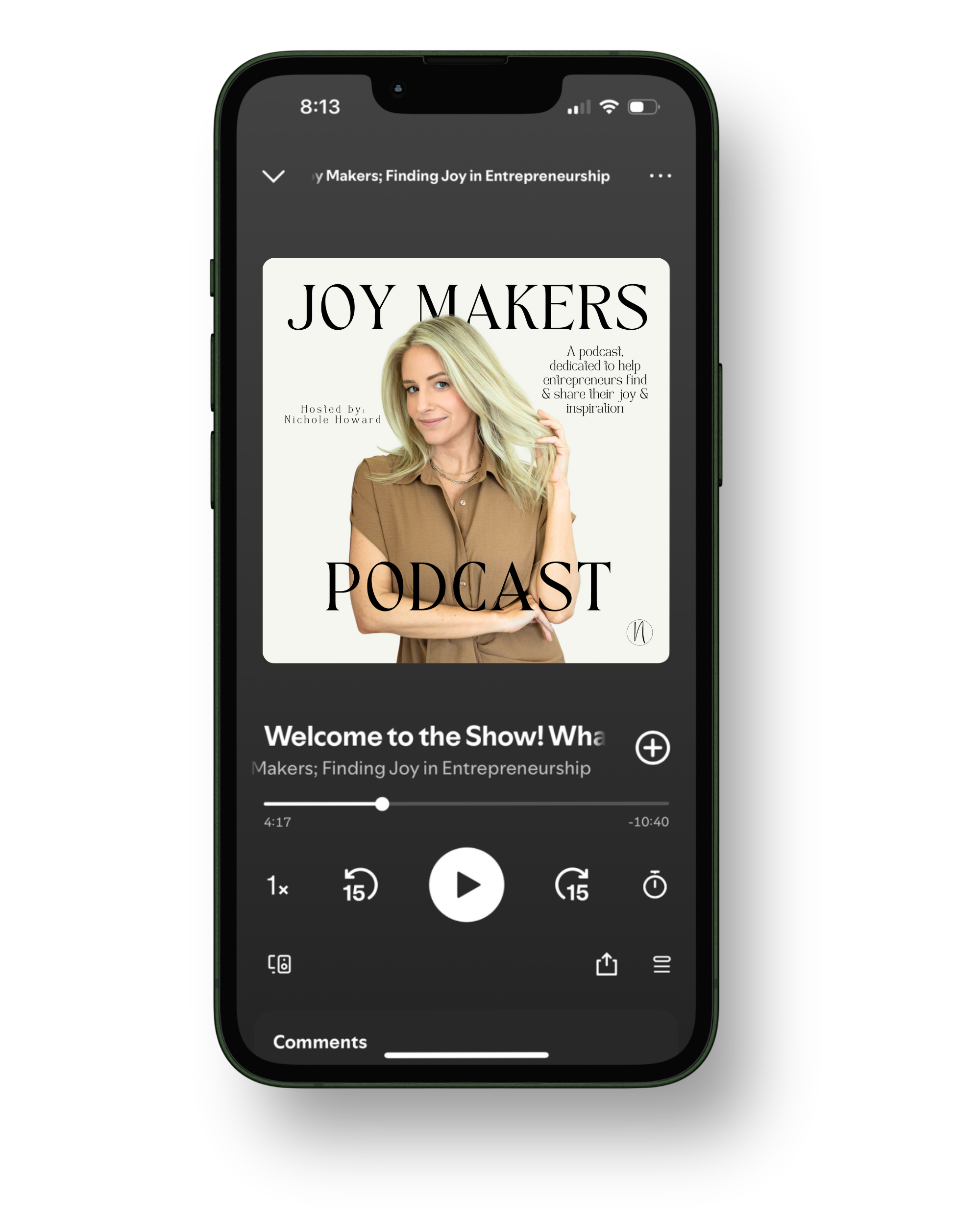 Screenshot of a podcast episode titled "Joy Makers," featuring a woman with blonde hair wearing a tan shirt on the album cover. The podcast is hosted by Nichole Howard and aims to help entrepreneurs find and share their joy and inspiration.