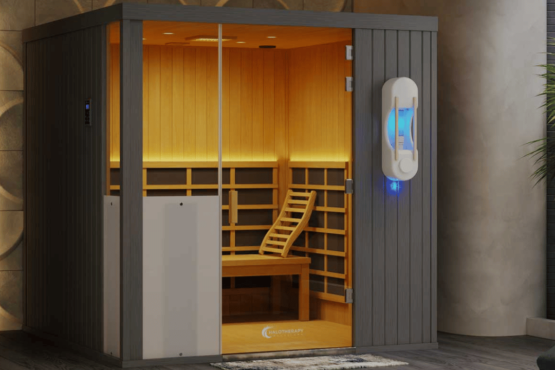 A modern infrared sauna with a gray wooden exterior and a glass door, illuminated warm interior with wooden benches and a backrest, located next to a concrete wall with a decorative plant nearby.