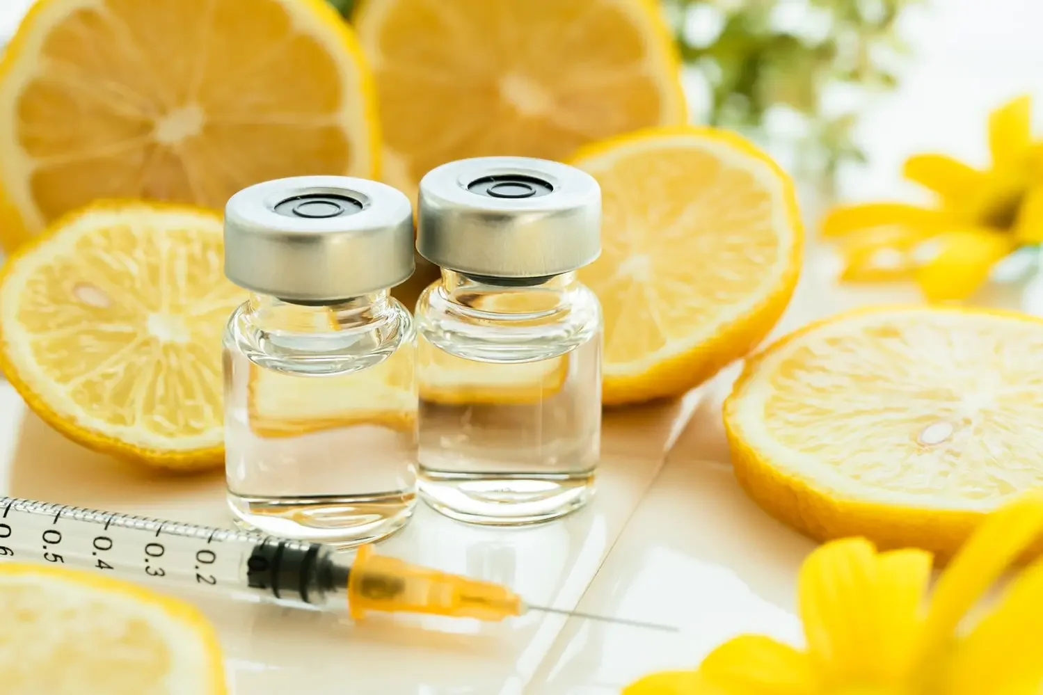 Lemon slices, two small vials of clear liquid, a syringe, and a yellow flower arranged on a surface with a blurred background.