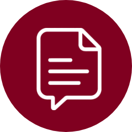 Blog Icon of a white speech bubble with a document inside, on a dark red circular background.