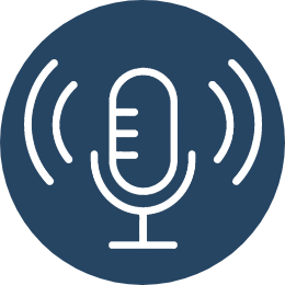 Podcast Icon of a microphone with sound waves emanating from it, on a dark blue circular background.