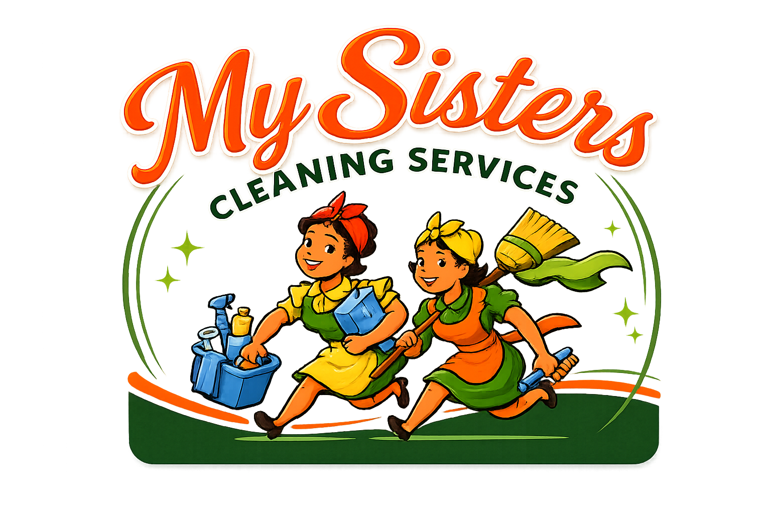 Illustration of two women running with cleaning supplies for "My Sister's Cleaning Services" logo.