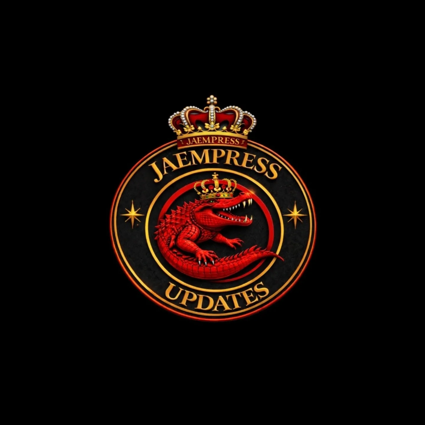 A circular logo featuring a red dragon with a crown, encircled by gold and red rings, with the words 'JAEMPRESS UPDATES' in gold text, and a gold crown on top of the circle, all set against a black background.