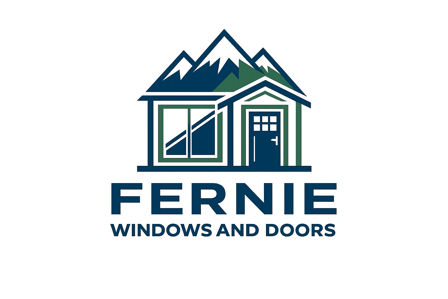 Logo for Fernie Windows and Doors featuring a mountain house with a triangle roof and a garage door, with text below reading 'FERNIE WINDOWS AND DOORS'.