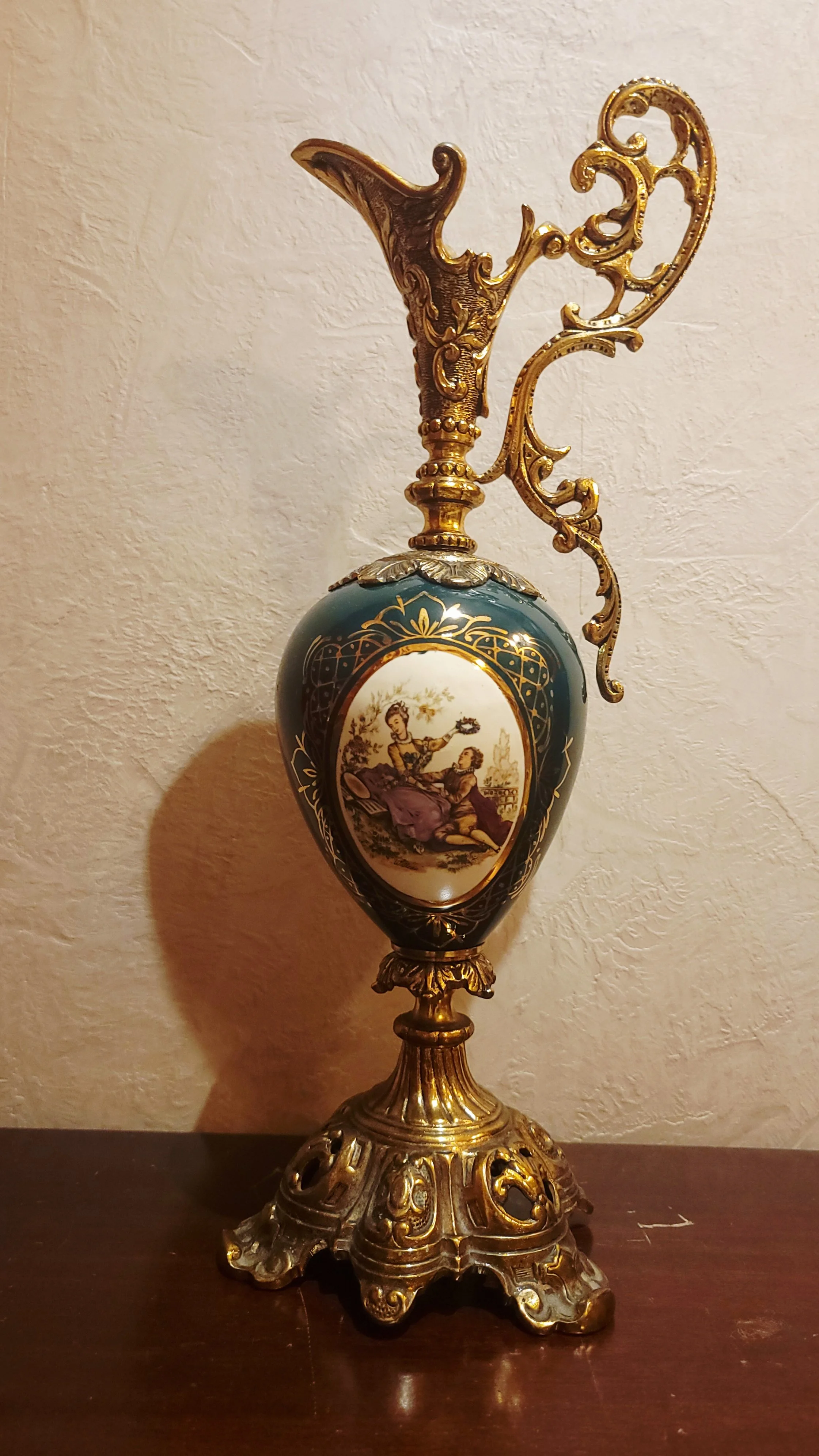 Vintage French Porcelain Ewer with Romantic Cartouche Scene