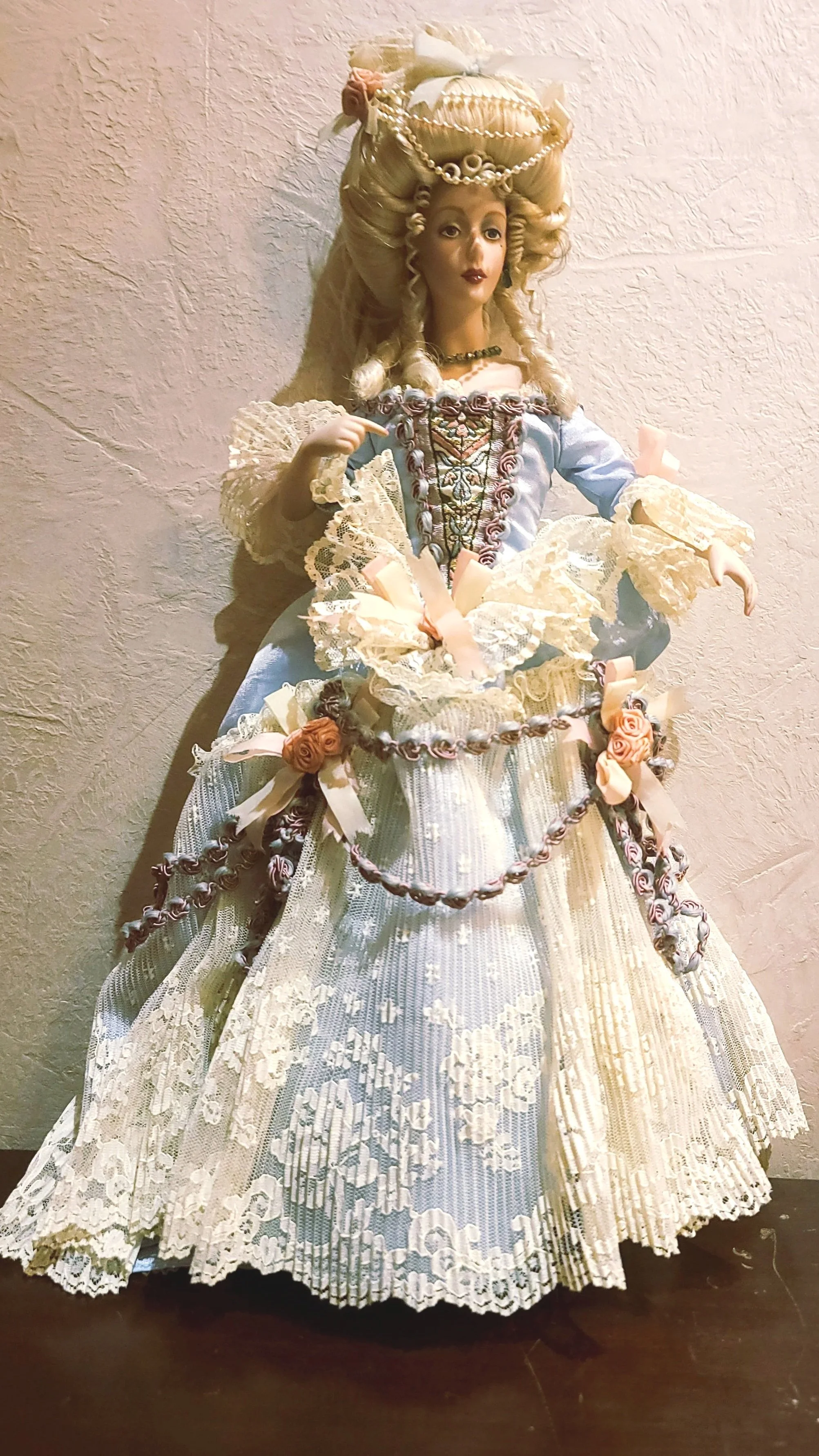 Marie Antoinette Porcelain Doll with Exquisite Blue and White Lace Gown