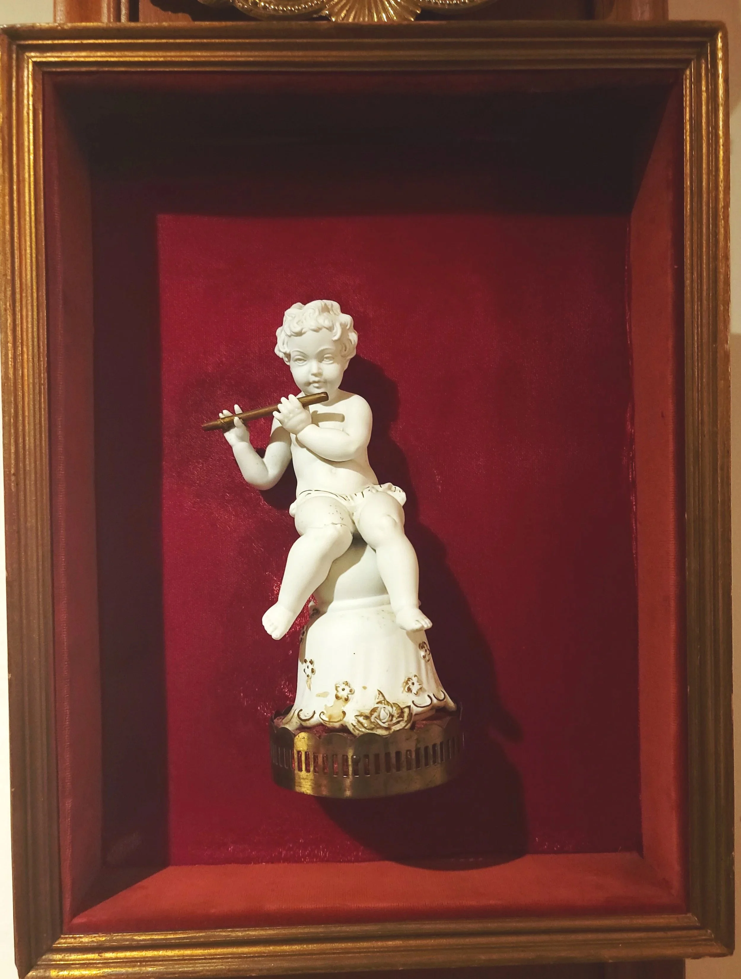 Vintage Bisque Putti Cherub Playing Flute in Shadow Box