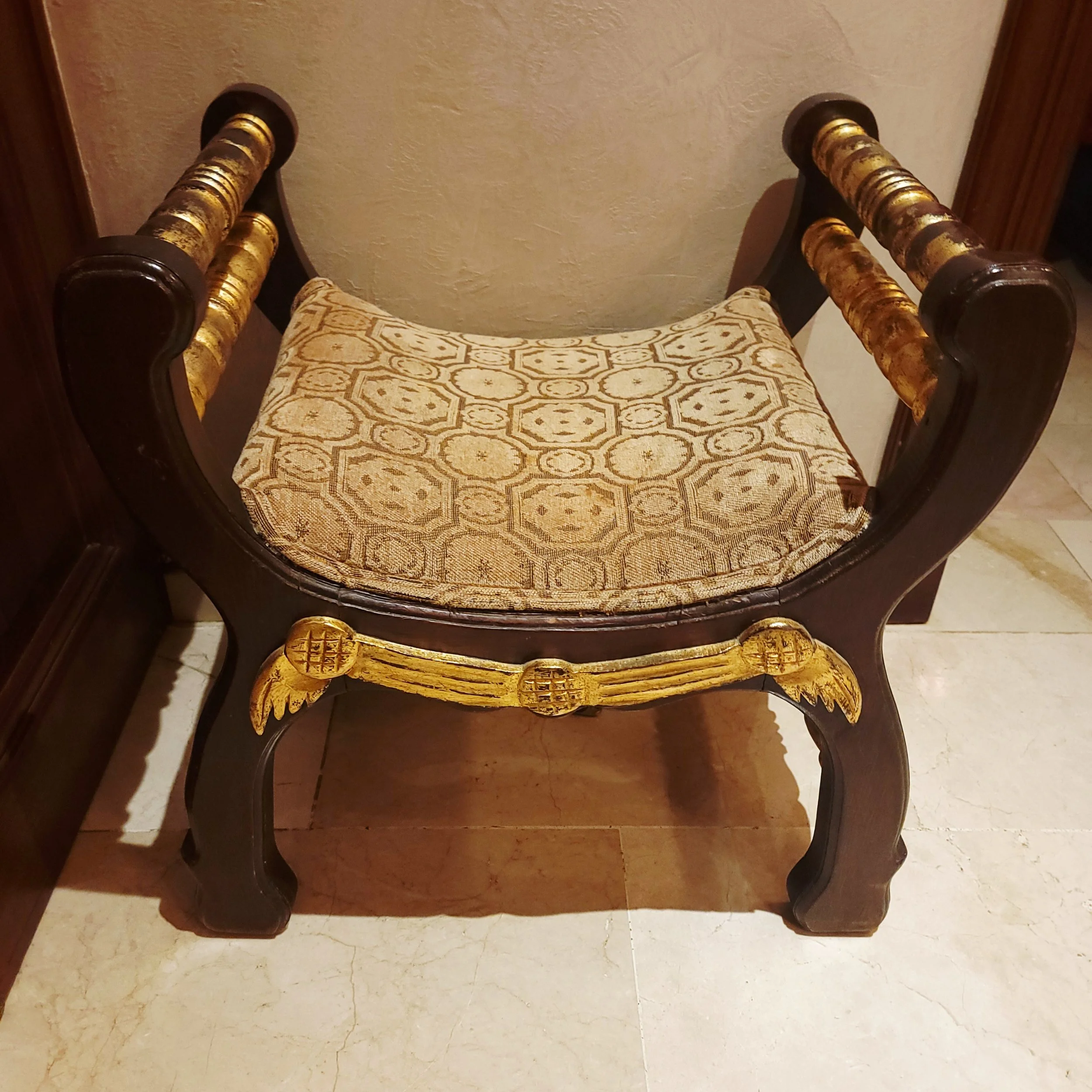 Mahogany and Gilt Curule Stool with Brocade Upholstery