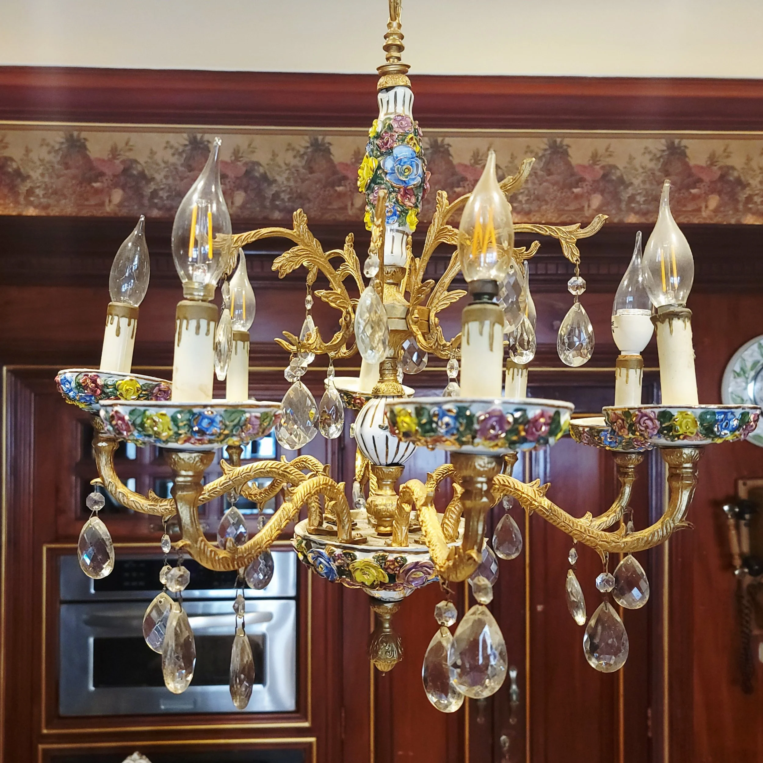 Baroque Gilt Metal & Porcelain Floral Chandelier