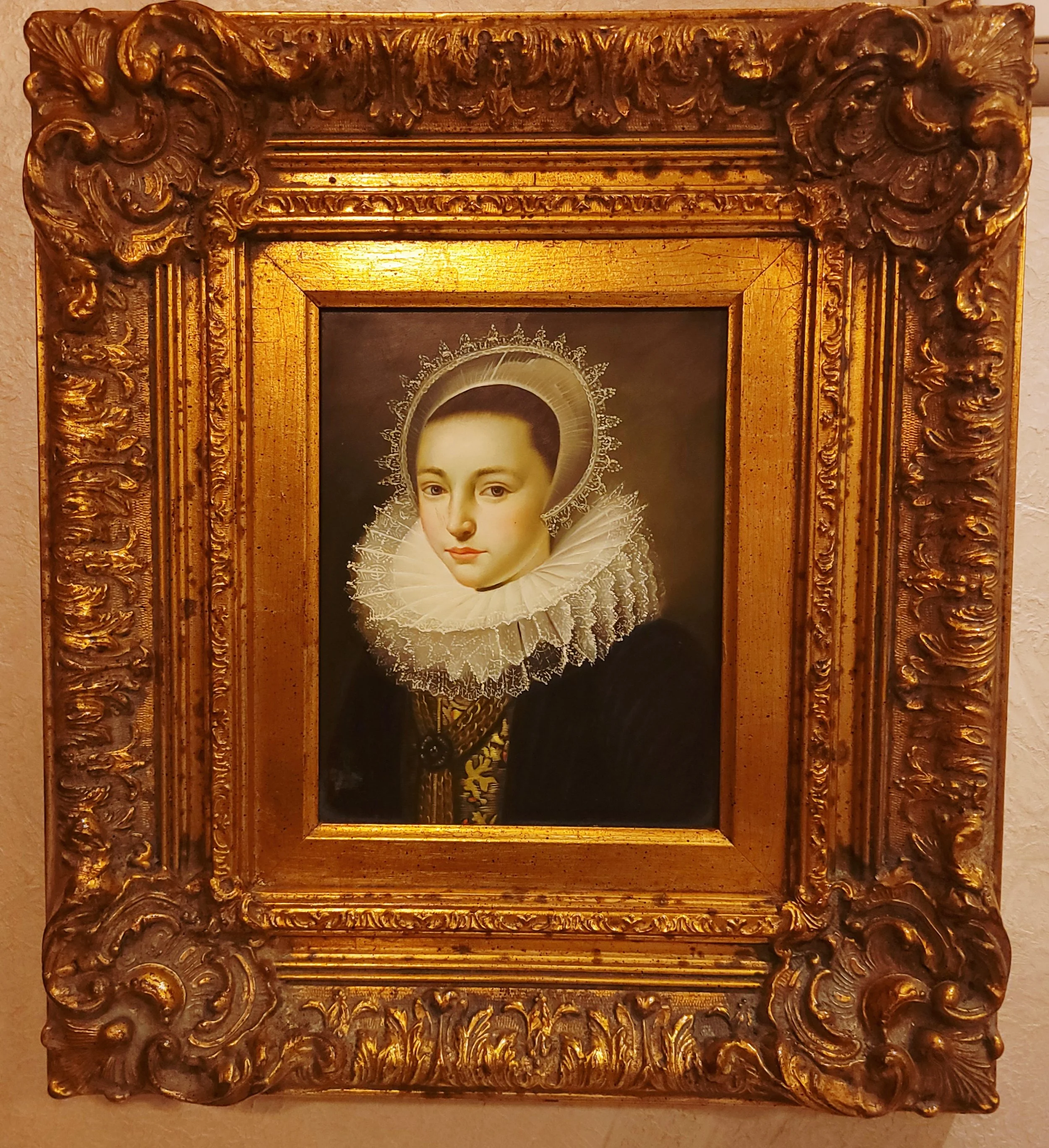 Original Oil Portrait of Woman with Ruff & Coif in Gilded Frame