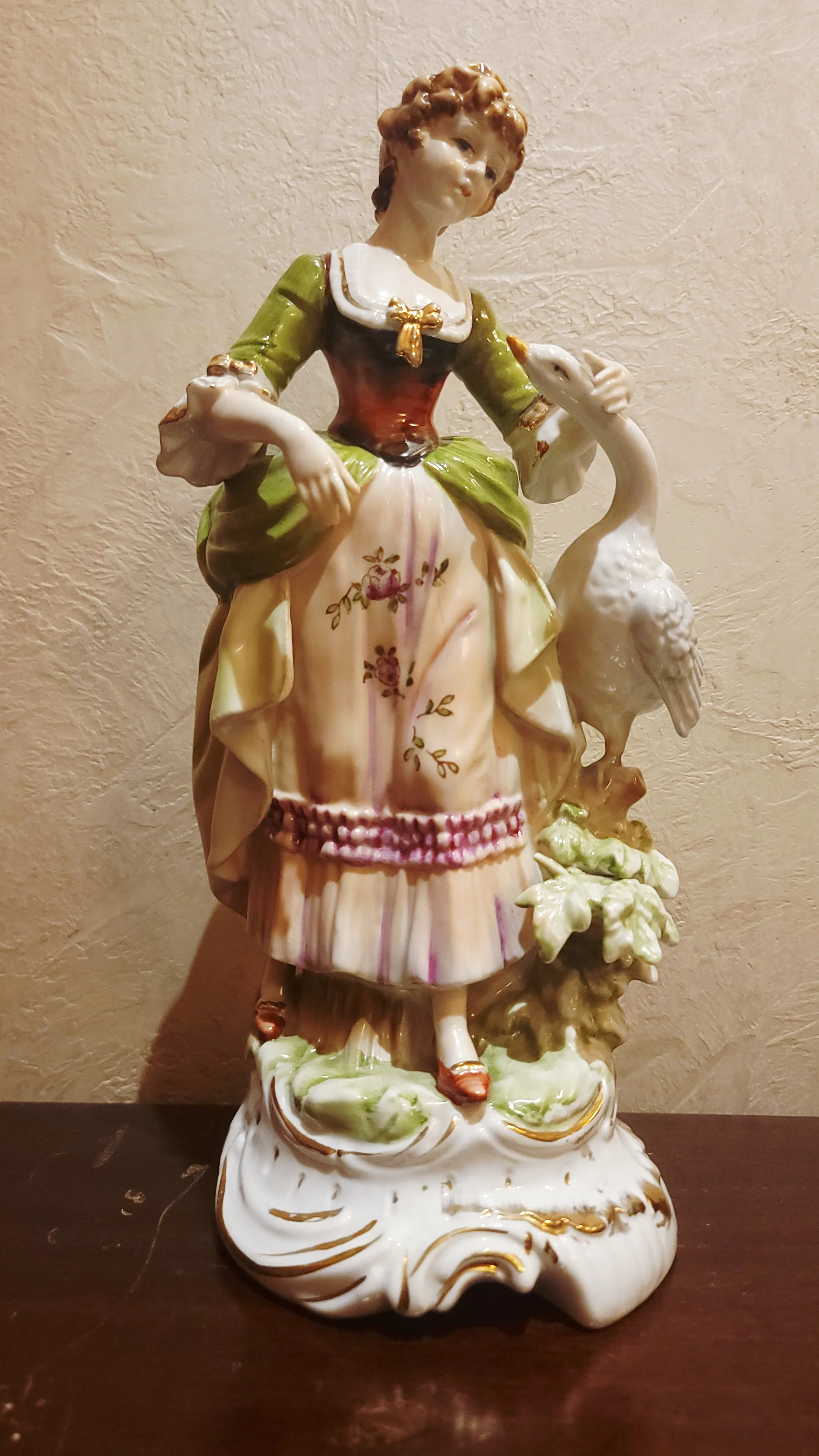 Rococo Style Porcelain Shepherdess Figurine with Goose