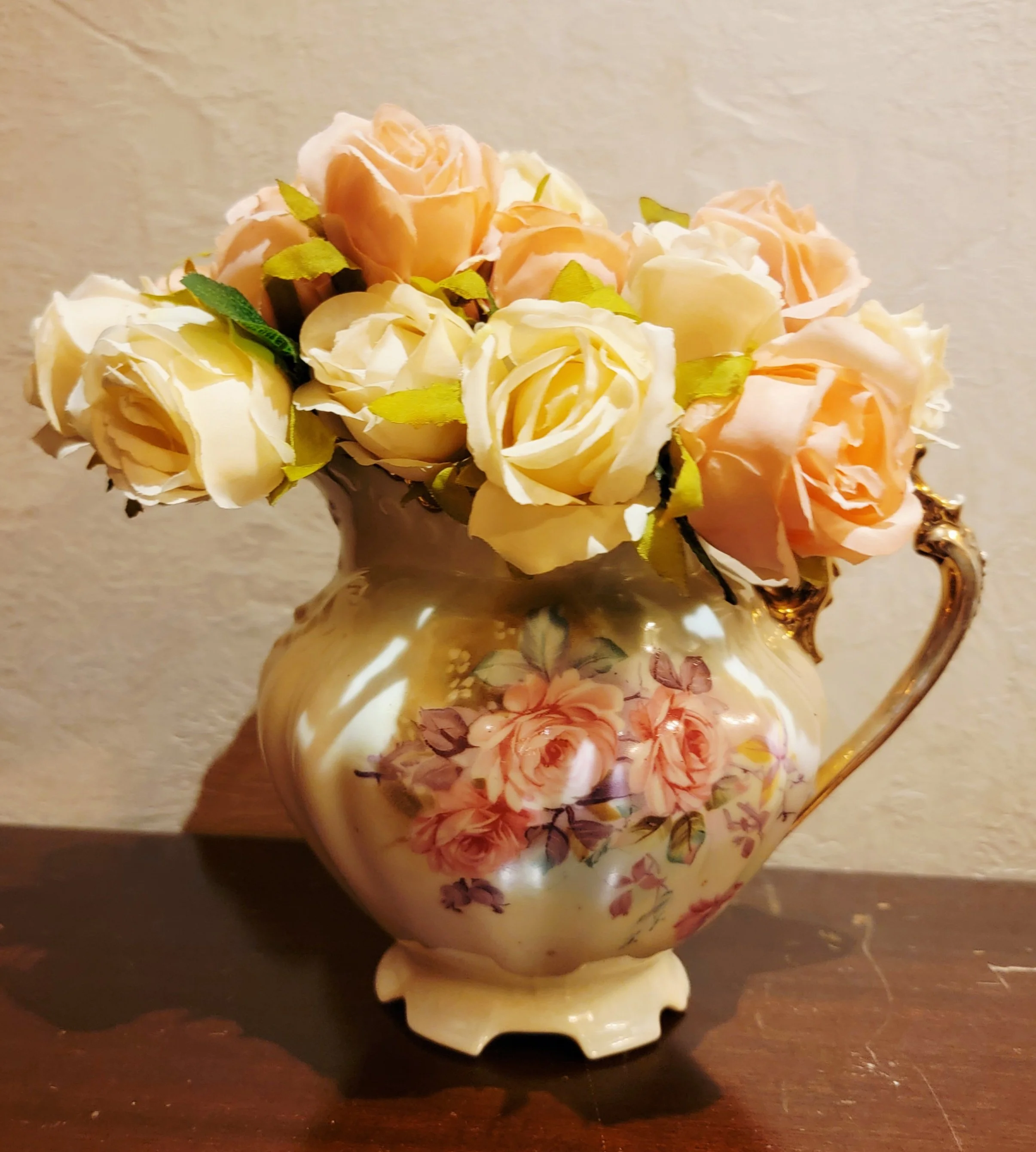 Vintage Porcelain Floral Jug with Gilt Handle