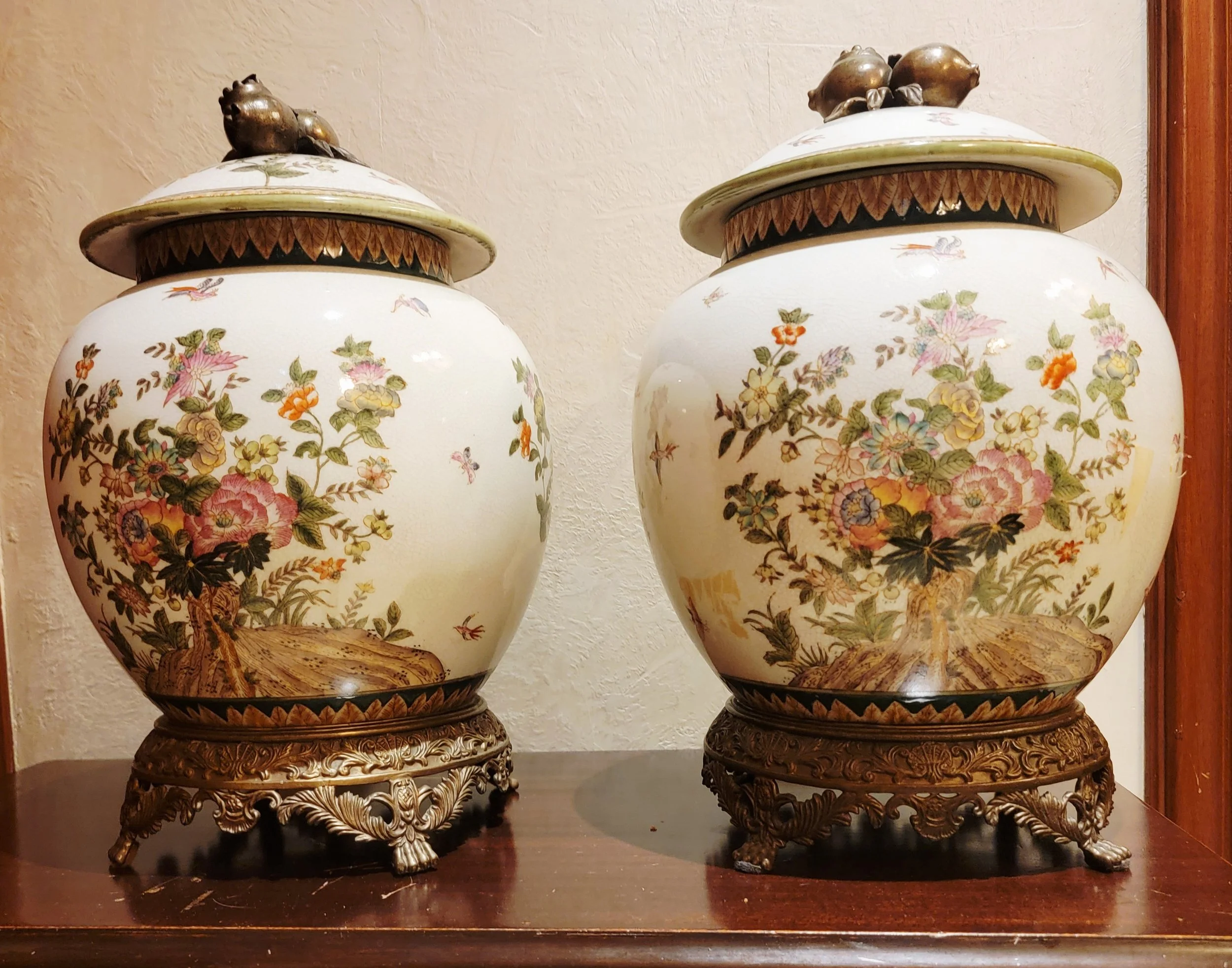 Vintage Satsuma Porcelain Ginger Jar with Floral and Peacock Motif