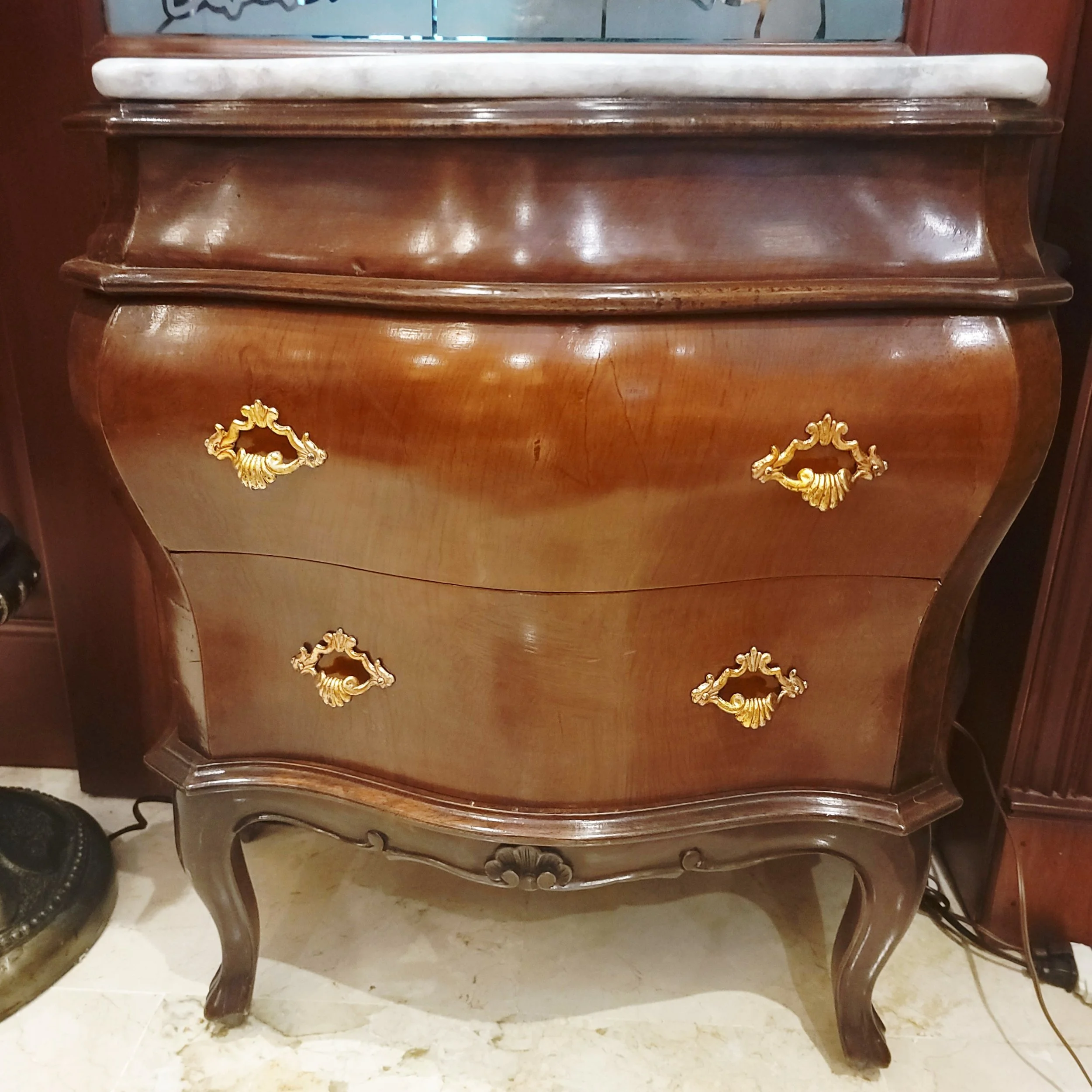 Antique Baroque Serpentine Chest with Marble Top